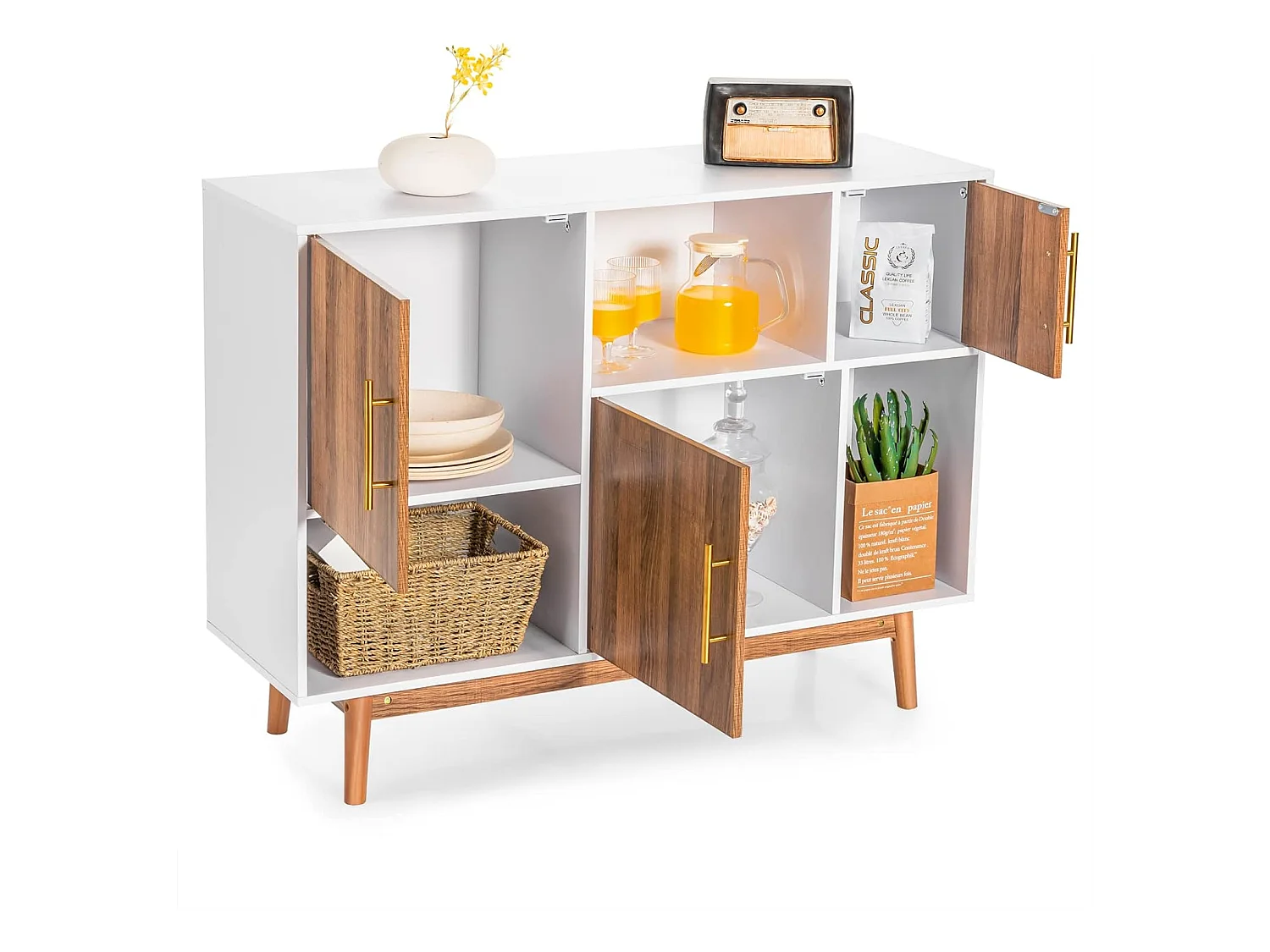 Buffet Salon Cuisine avec 3 Placards et 3 Étagères Ouvertes, Meuble Cuisine Rangement 4 Pieds Utilisation pour Salon Salle à Manger Bar, 95 x 31 x 76 cm