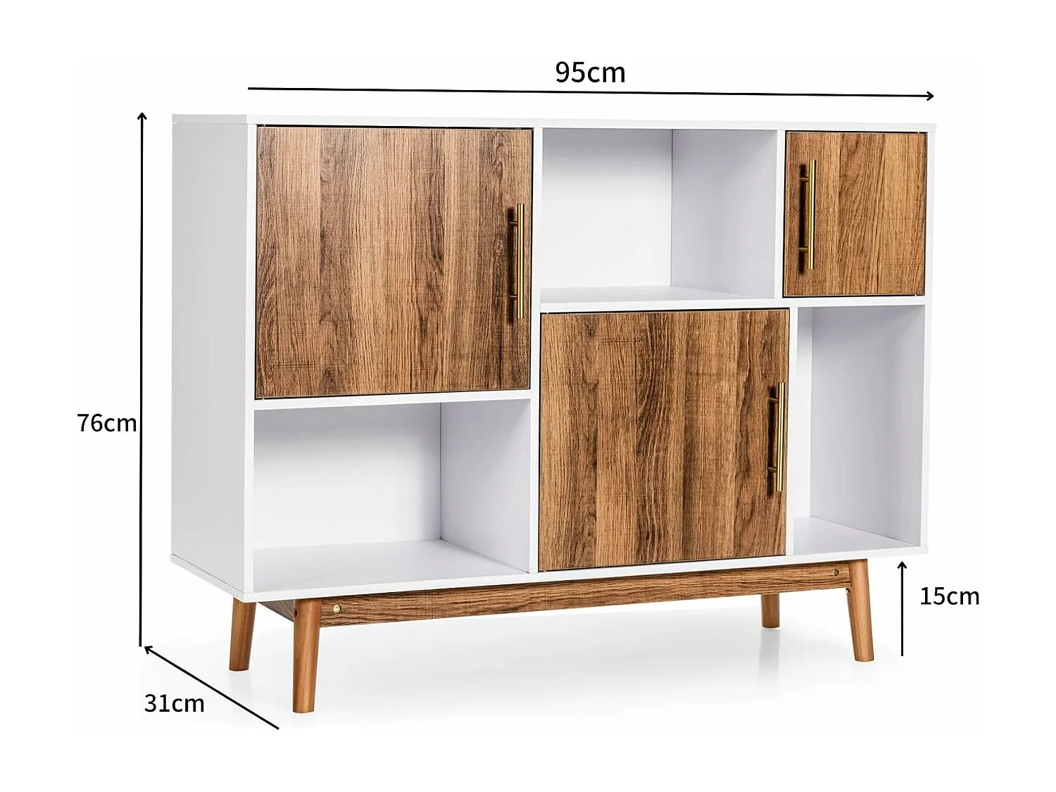 Buffet Salon Cuisine avec 3 Placards et 3 Étagères Ouvertes, Meuble Cuisine Rangement 4 Pieds Utilisation pour Salon Salle à Manger Bar, 95 x 31 x 76 cm