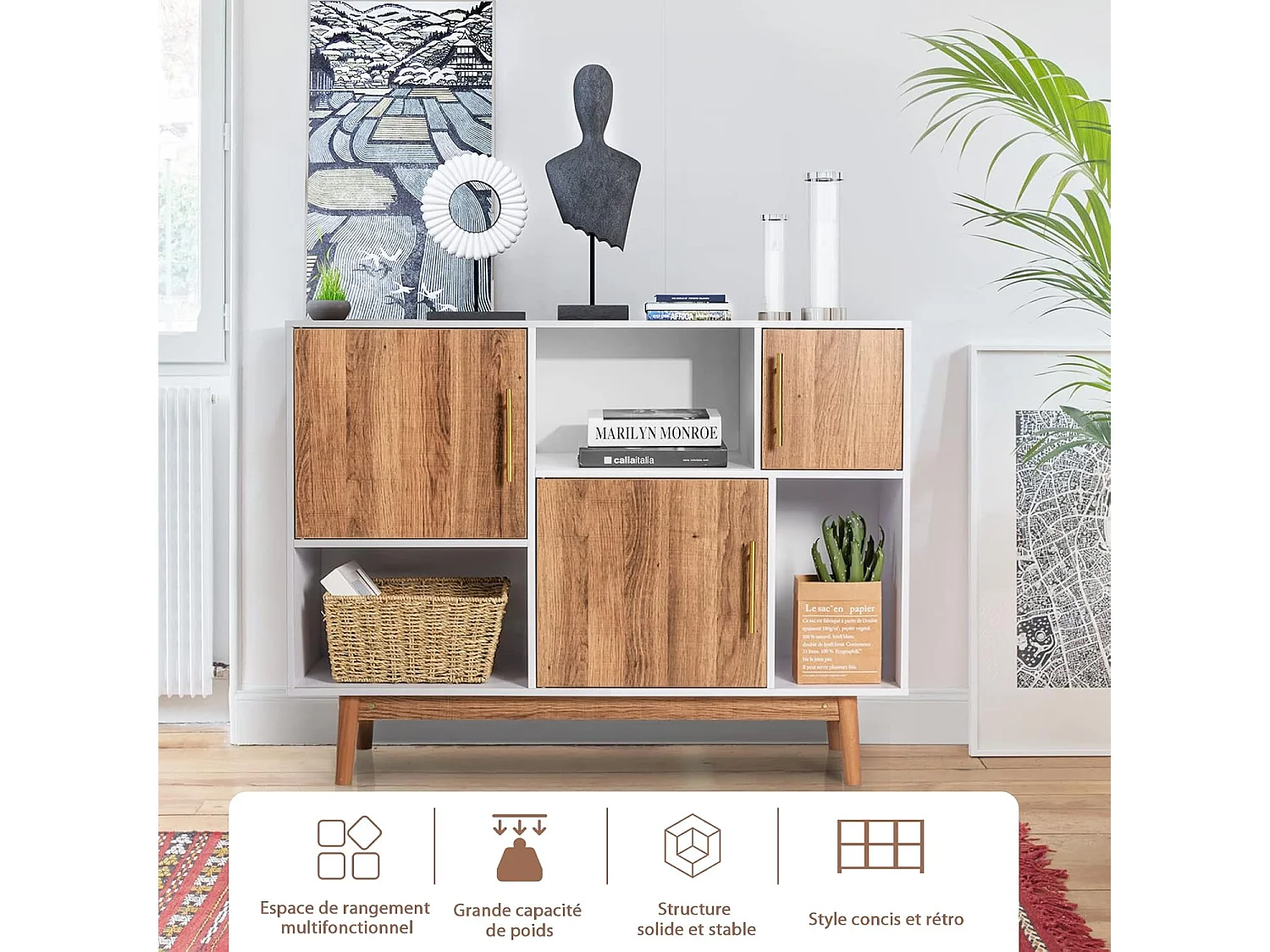 Buffet Salon Cuisine avec 3 Placards et 3 Étagères Ouvertes, Meuble Cuisine Rangement 4 Pieds Utilisation pour Salon Salle à Manger Bar, 95 x 31 x 76 cm