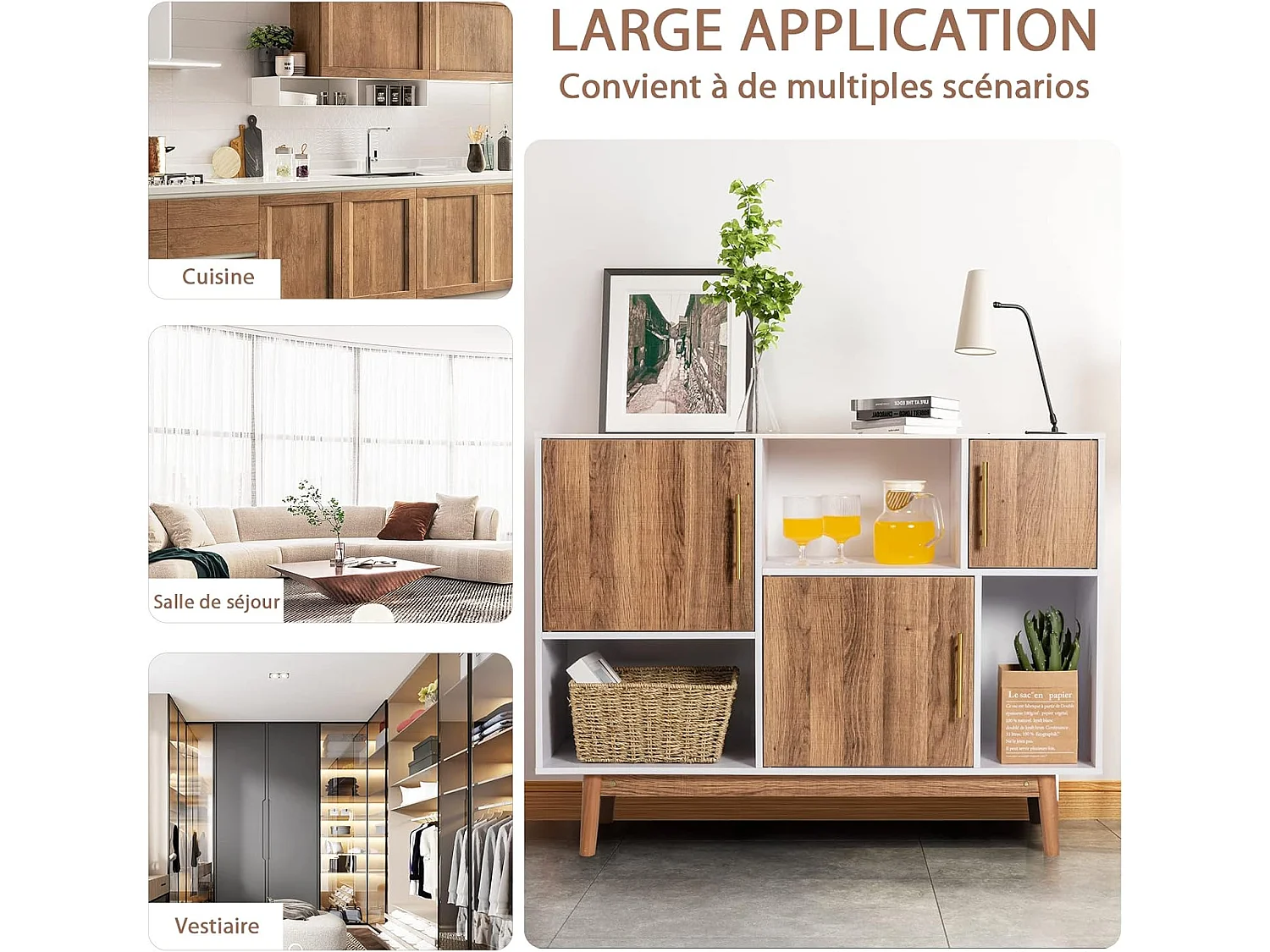 Buffet Salon Cuisine avec 3 Placards et 3 Étagères Ouvertes, Meuble Cuisine Rangement 4 Pieds Utilisation pour Salon Salle à Manger Bar, 95 x 31 x 76 cm