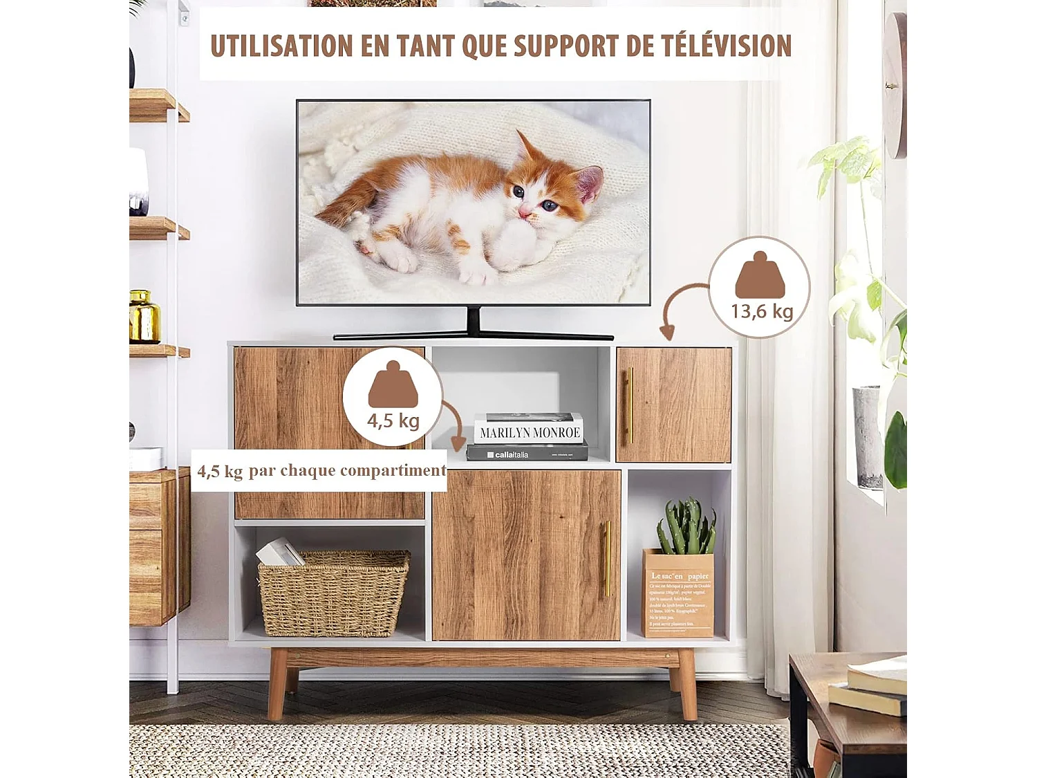 Buffet Salon Cuisine avec 3 Placards et 3 Étagères Ouvertes, Meuble Cuisine Rangement 4 Pieds Utilisation pour Salon Salle à Manger Bar, 95 x 31 x 76 cm