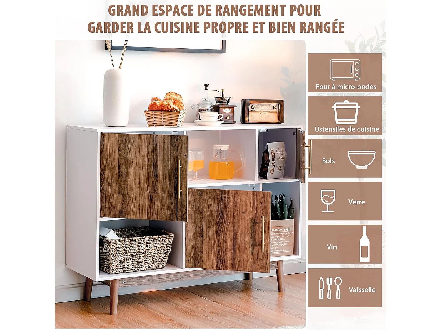 Buffet Salon Cuisine avec 3 Placards et 3 Étagères Ouvertes, Meuble Cuisine Rangement 4 Pieds Utilisation pour Salon Salle à Manger Bar, 95 x 31 x 76 cm