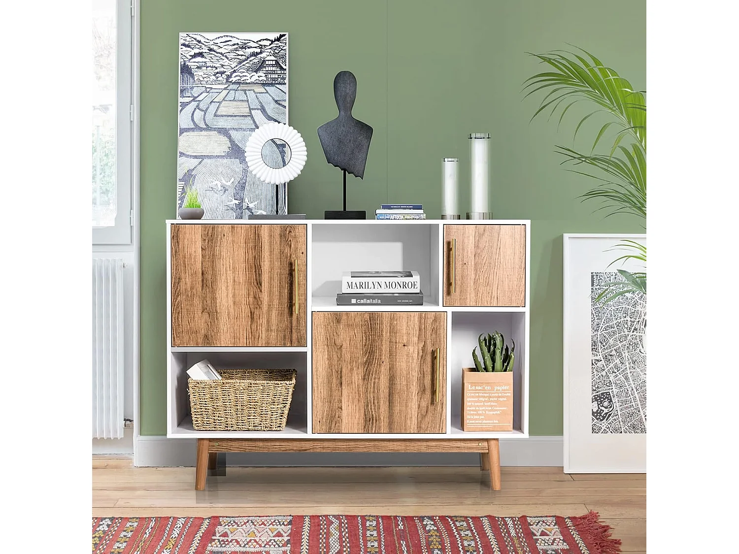 Buffet Salon Cuisine avec 3 Placards et 3 Étagères Ouvertes, Meuble Cuisine Rangement 4 Pieds Utilisation pour Salon Salle à Manger Bar, 95 x 31 x 76 cm