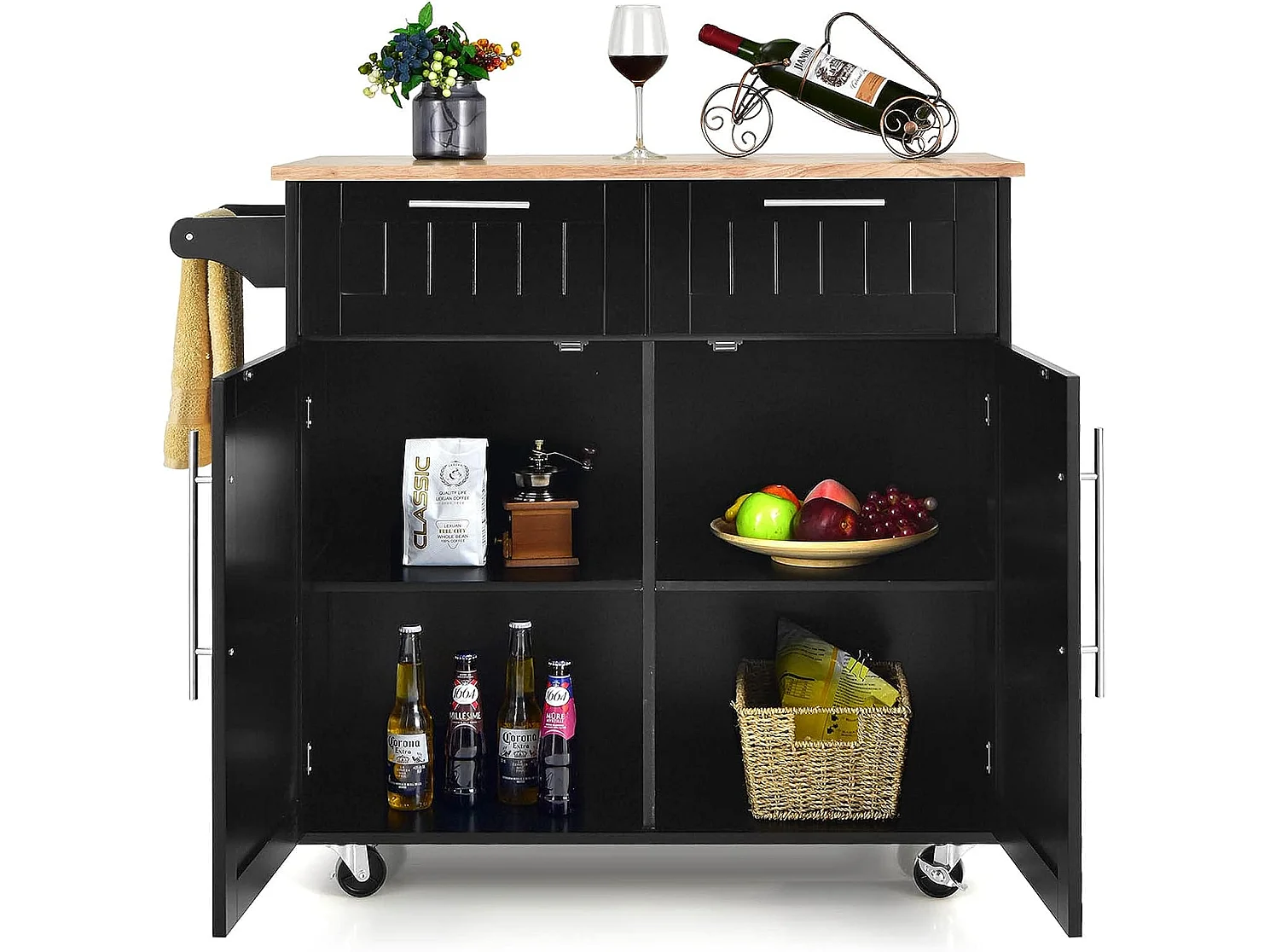 Dessertes îlot central cuisine avec table 4 roues universelles porte-serviettes,  94x41x94cm