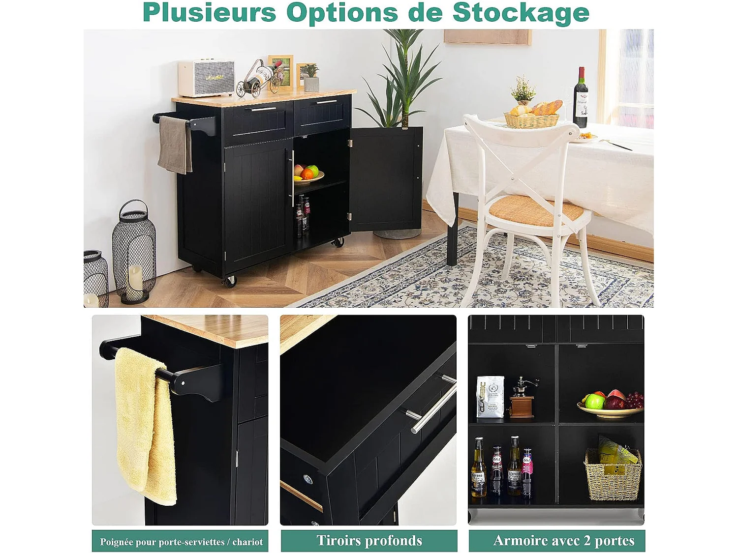 Dessertes îlot central cuisine avec table 4 roues universelles porte-serviettes,  94x41x94cm