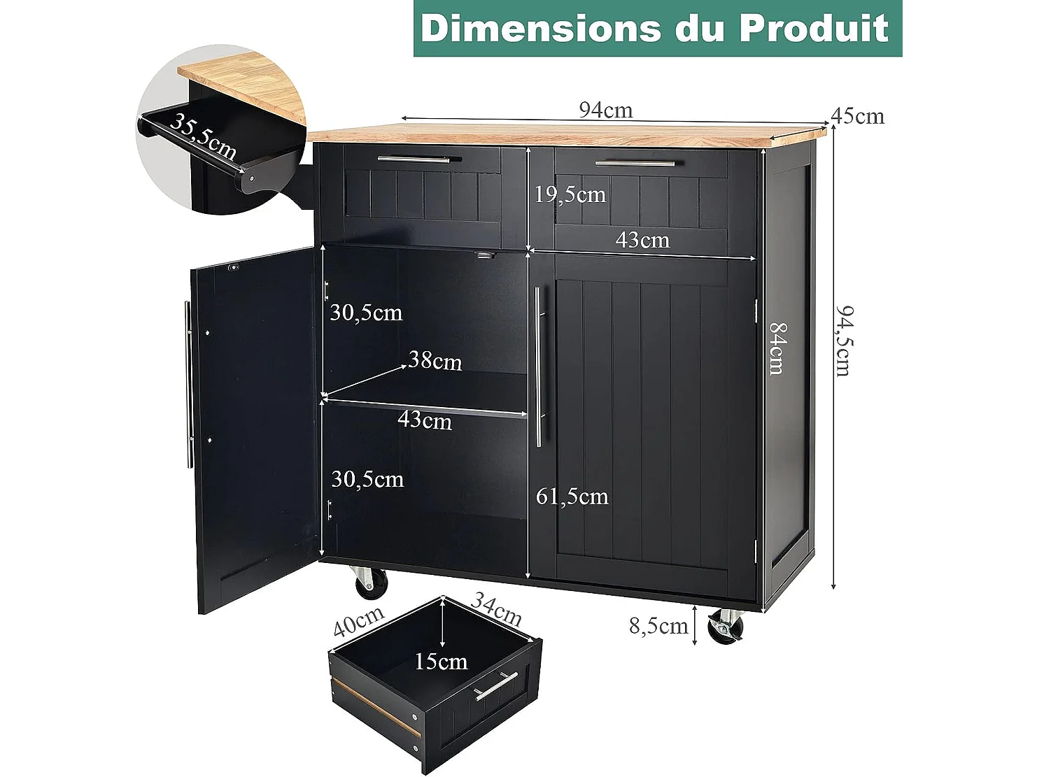 Dessertes îlot central cuisine avec table 4 roues universelles porte-serviettes,  94x41x94cm