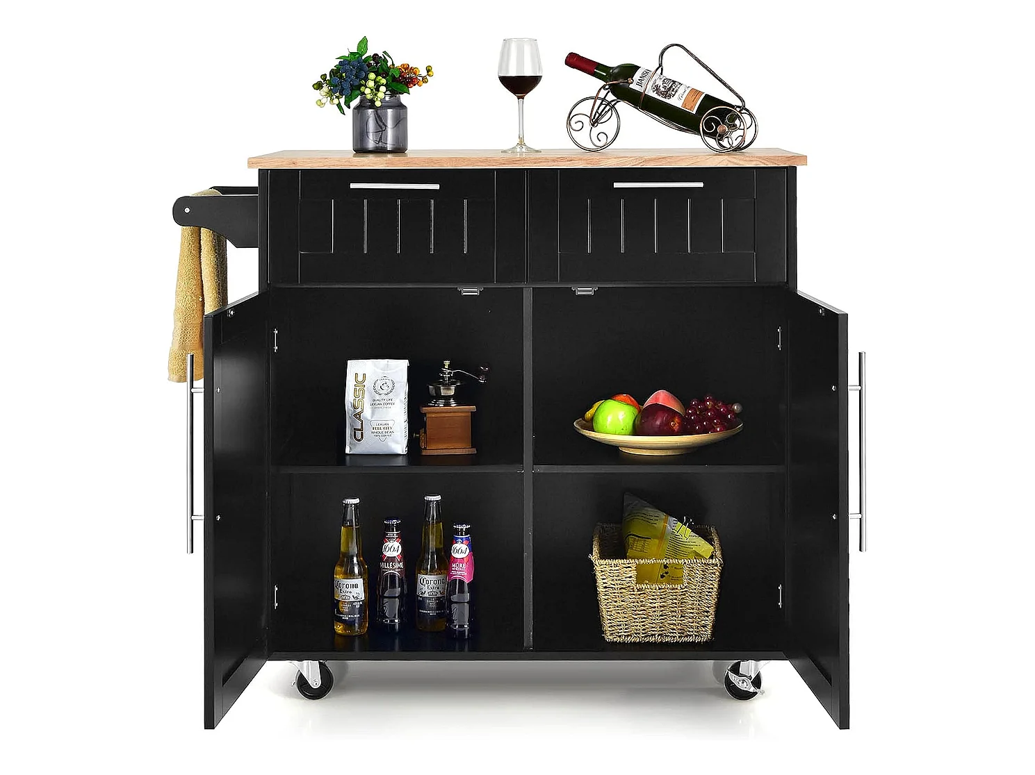 Dessertes îlot central cuisine avec table 4 roues universelles porte-serviettes,  94x41x94cm
