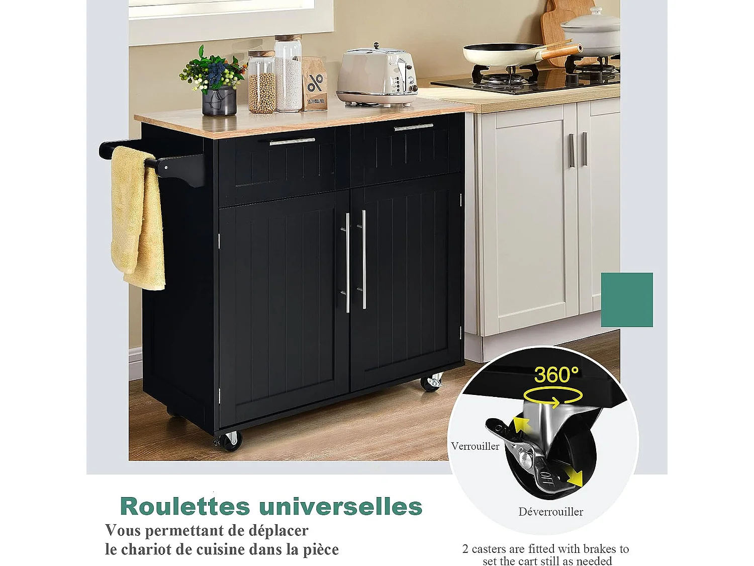 Dessertes îlot central cuisine avec table 4 roues universelles porte-serviettes,  94x41x94cm
