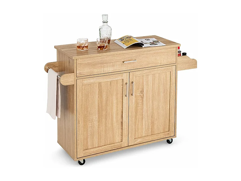 Dessert de Cuisine à roulettes Verrouillables, Ilot Central Cuisine Étagère Réglable sur 3 Niveaux, Grand Placard, Tiroir, Porte-épices et Porte-Serviettes, 40 x 116 x 85 cm (Naturel)