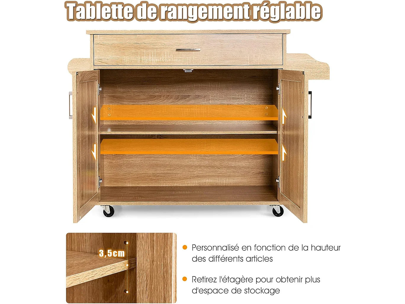 Keukentrolley met vergrendelbare wielen, keukeneiland verstelbare plank op 3 niveaus, grote kast, lade, kruidenrek en handdoekhouder, 40 x 116 x 85 cm (natuur)