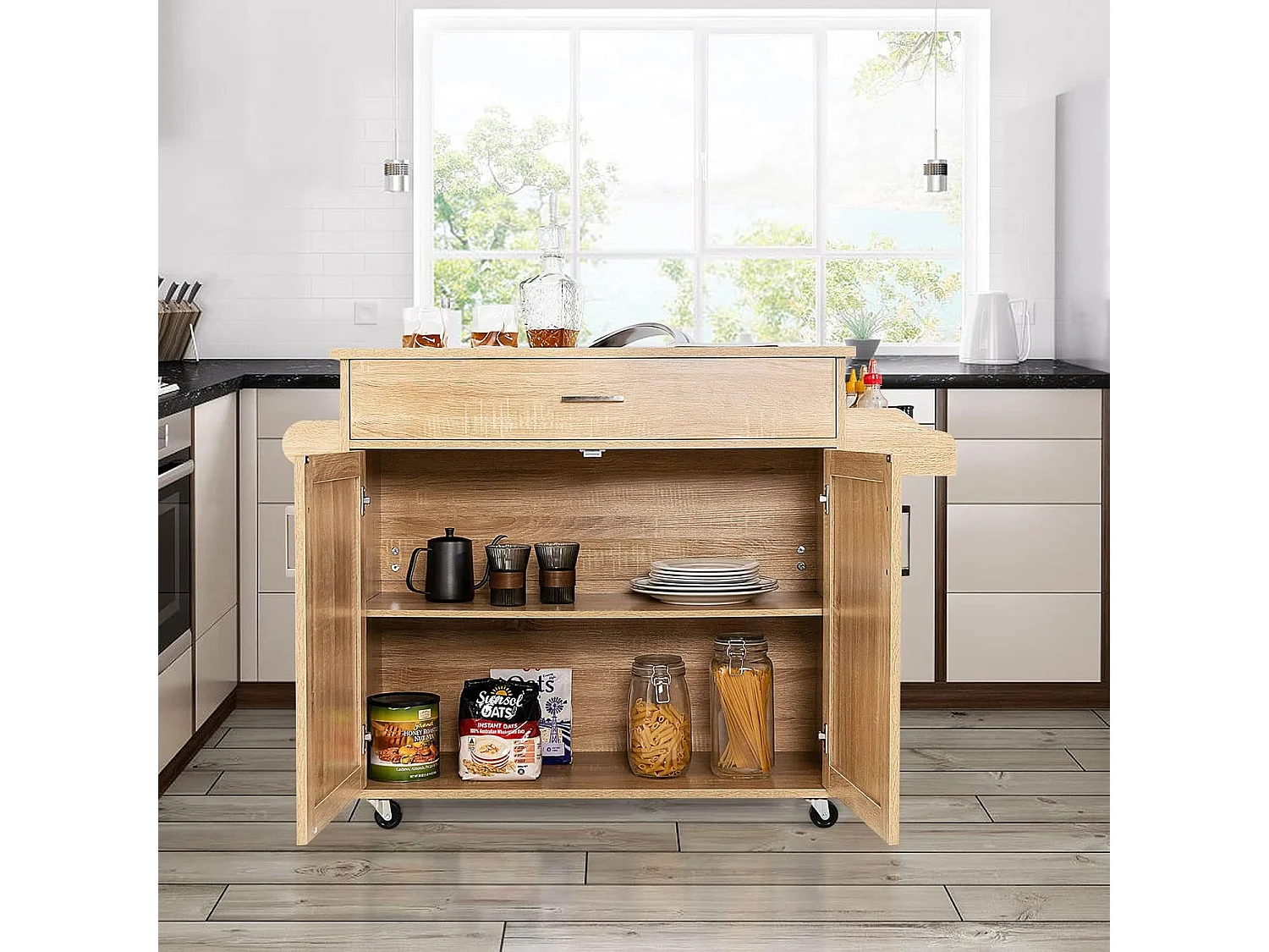 Keukentrolley met vergrendelbare wielen, keukeneiland verstelbare plank op 3 niveaus, grote kast, lade, kruidenrek en handdoekhouder, 40 x 116 x 85 cm (natuur)