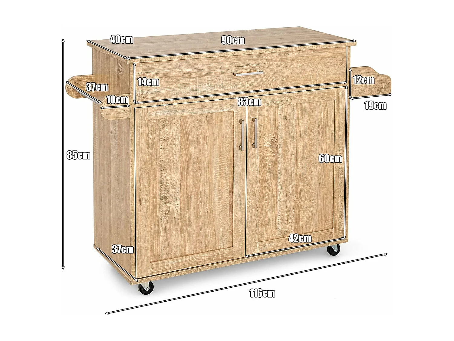 Keukentrolley met vergrendelbare wielen, keukeneiland verstelbare plank op 3 niveaus, grote kast, lade, kruidenrek en handdoekhouder, 40 x 116 x 85 cm (natuur)