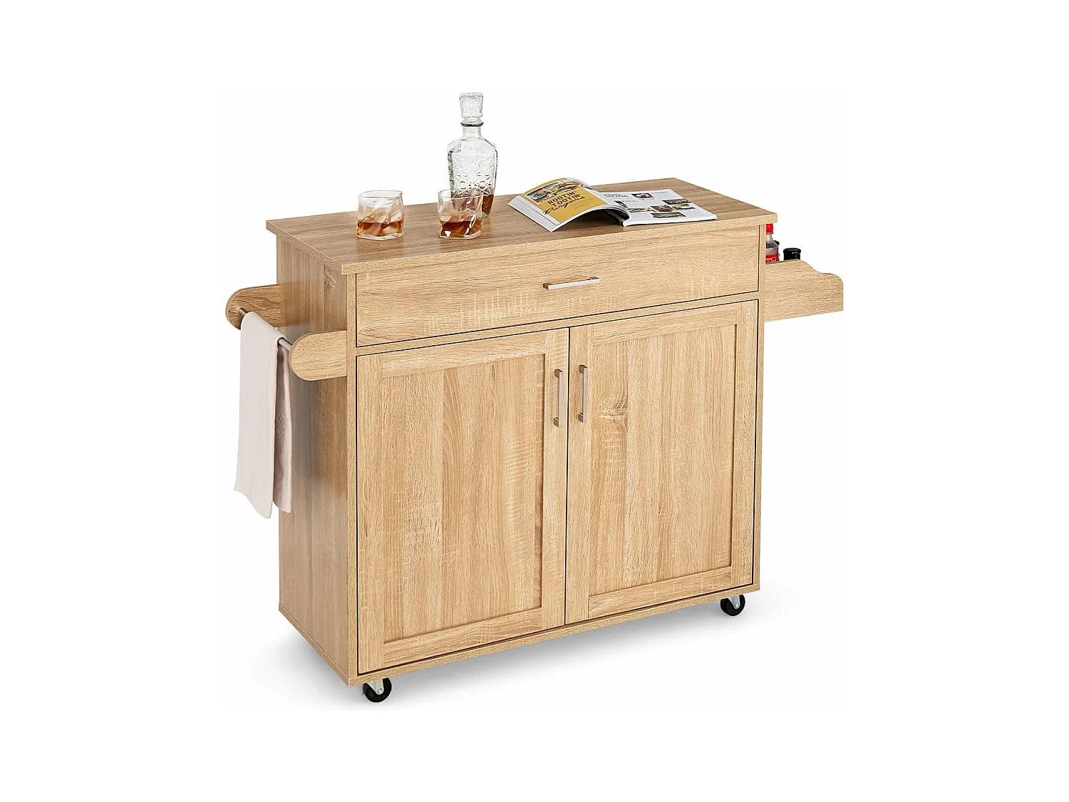 Dessert de Cuisine à roulettes Verrouillables, Ilot Central Cuisine Étagère Réglable sur 3 Niveaux, Grand Placard, Tiroir, Porte-épices et Porte-Serviettes, 40 x 116 x 85 cm (Naturel)