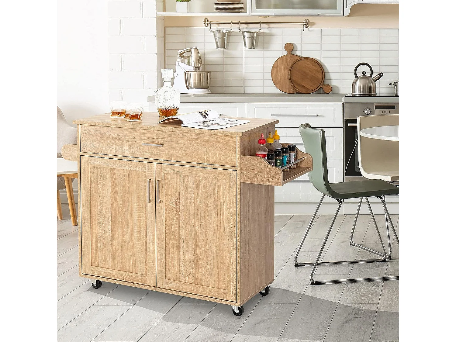 Dessert de Cuisine à roulettes Verrouillables, Ilot Central Cuisine Étagère Réglable sur 3 Niveaux, Grand Placard, Tiroir, Porte-épices et Porte-Serviettes, 40 x 116 x 85 cm (Naturel)