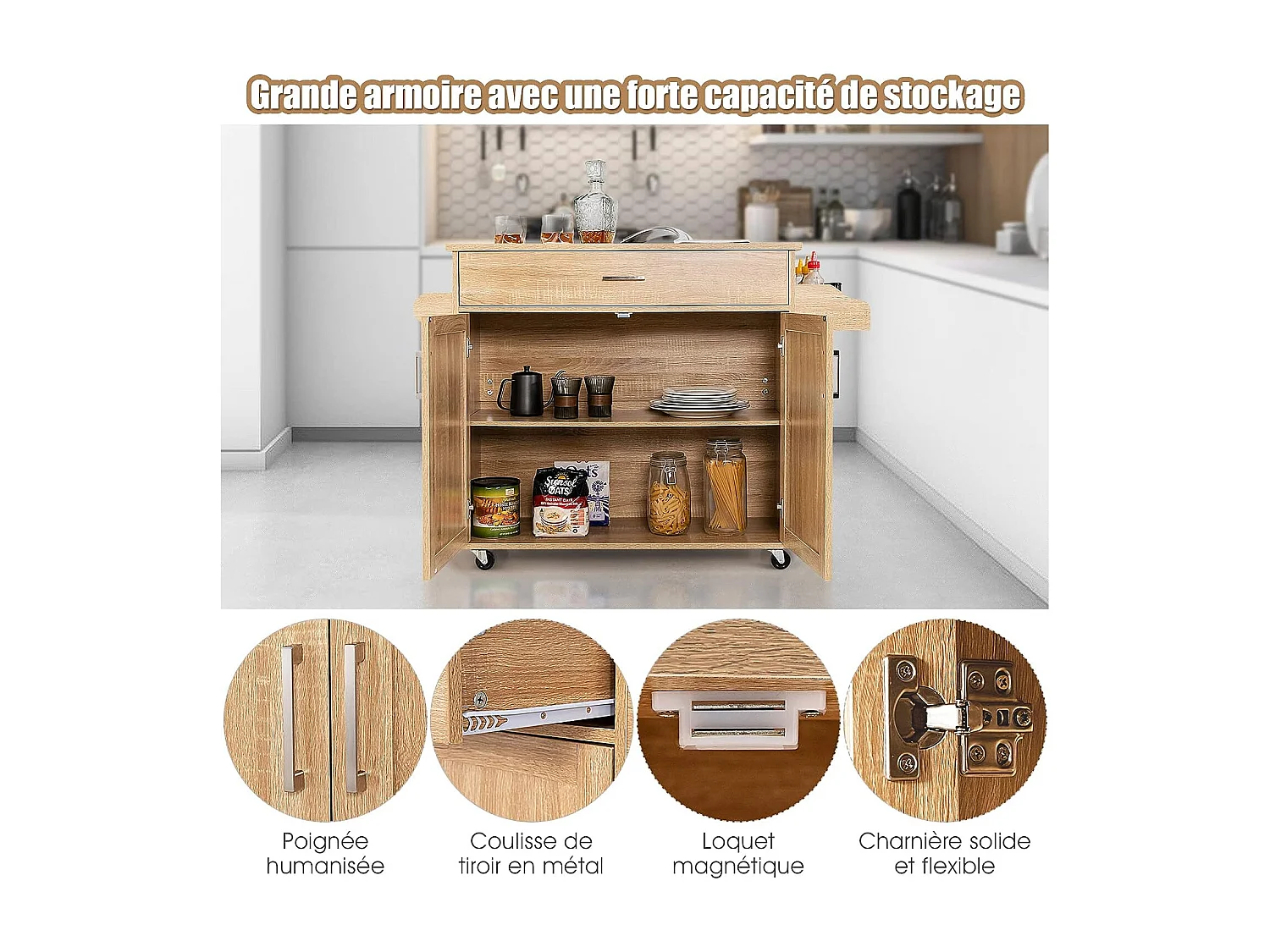 Dessert de Cuisine à roulettes Verrouillables, Ilot Central Cuisine Étagère Réglable sur 3 Niveaux, Grand Placard, Tiroir, Porte-épices et Porte-Serviettes, 40 x 116 x 85 cm (Naturel)