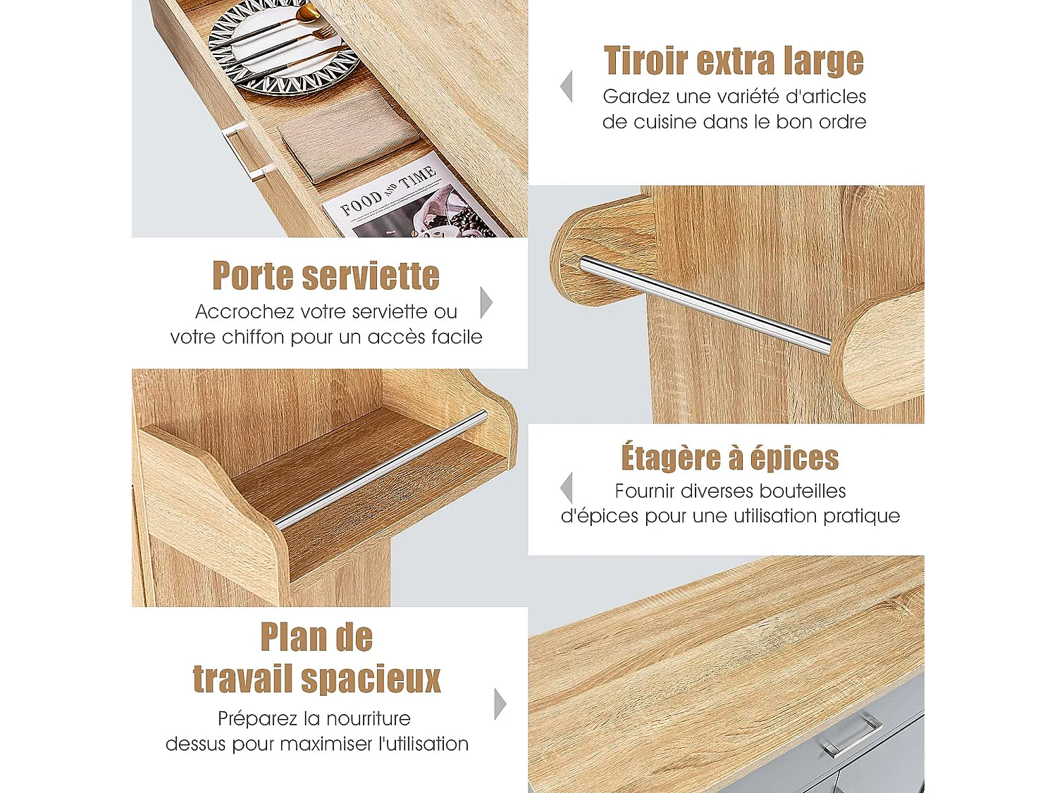 Dessert de Cuisine à roulettes Verrouillables, Ilot Central Cuisine Étagère Réglable sur 3 Niveaux, Grand Placard, Tiroir, Porte-épices et Porte-Serviettes, 40 x 116 x 85 cm (Naturel)