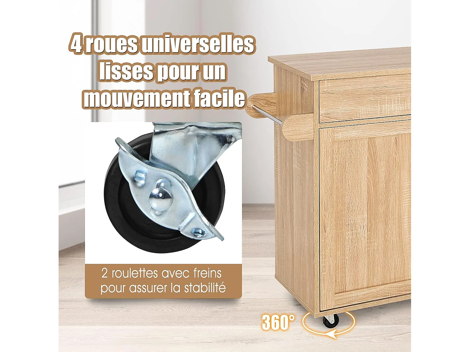 Dessert de Cuisine à roulettes Verrouillables, Ilot Central Cuisine Étagère Réglable sur 3 Niveaux, Grand Placard, Tiroir, Porte-épices et Porte-Serviettes, 40 x 116 x 85 cm (Naturel)