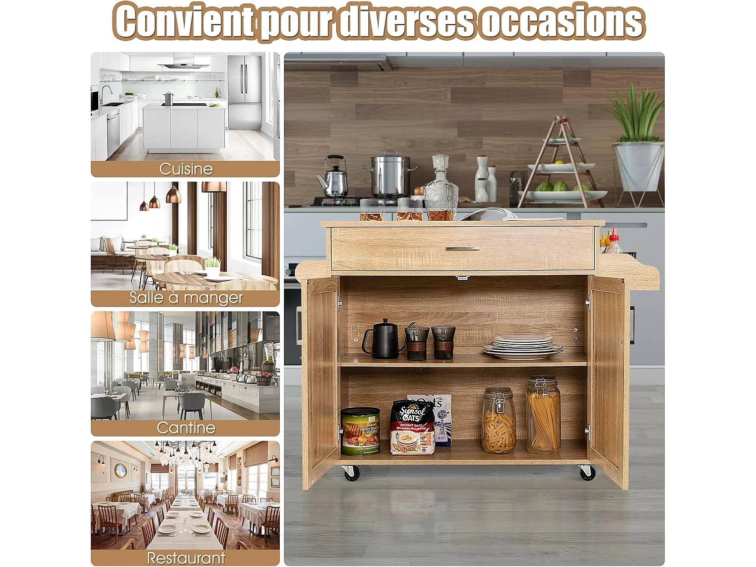 Dessert de Cuisine à roulettes Verrouillables, Ilot Central Cuisine Étagère Réglable sur 3 Niveaux, Grand Placard, Tiroir, Porte-épices et Porte-Serviettes, 40 x 116 x 85 cm (Naturel)