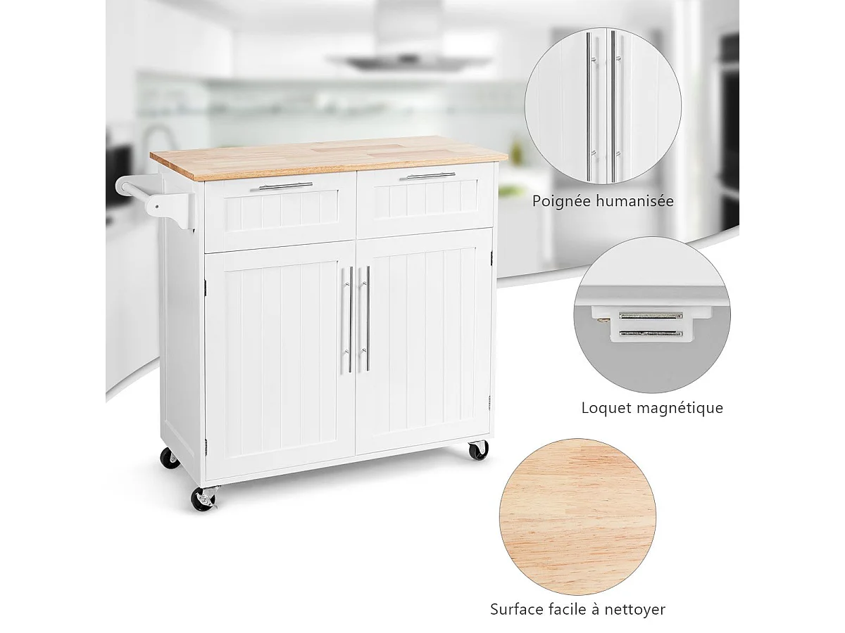 Dessertes îlot central cuisine avec table 4 roues universelles porte-serviettes, 94x41x94cm