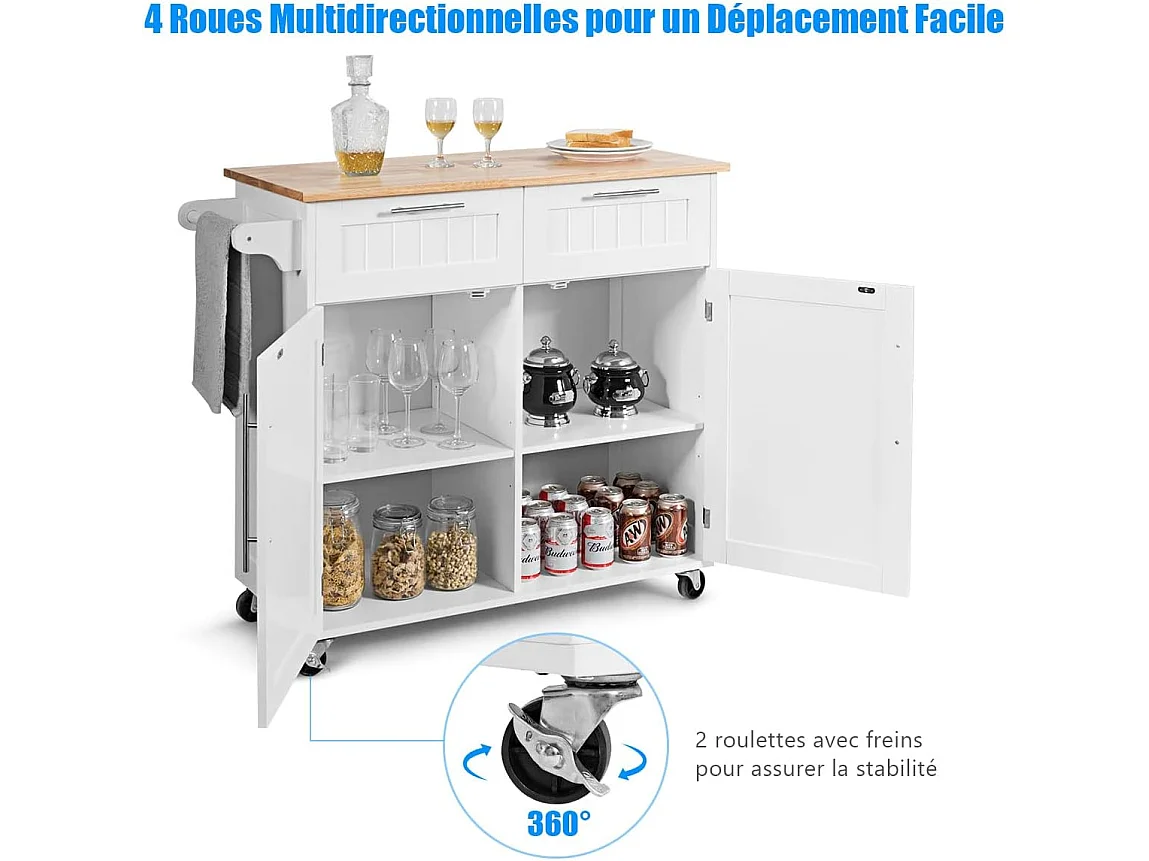 Dessertes îlot central cuisine avec table 4 roues universelles porte-serviettes, 94x41x94cm