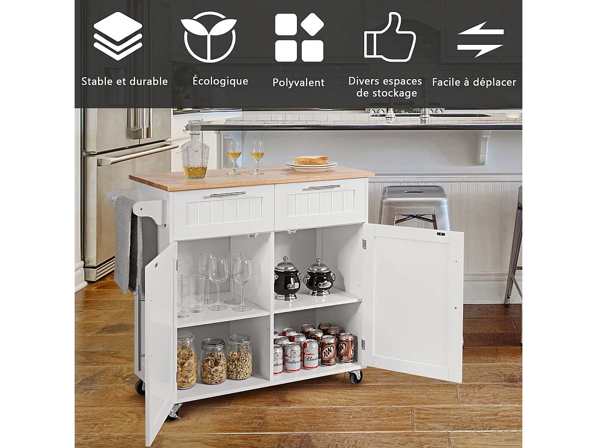 Dessertes îlot central cuisine avec table 4 roues universelles porte-serviettes, 94x41x94cm