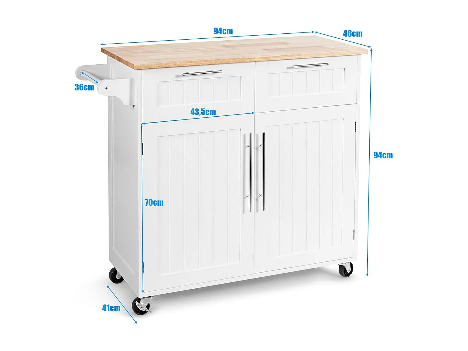 Dessertes îlot central cuisine avec table 4 roues universelles porte-serviettes, 94x41x94cm