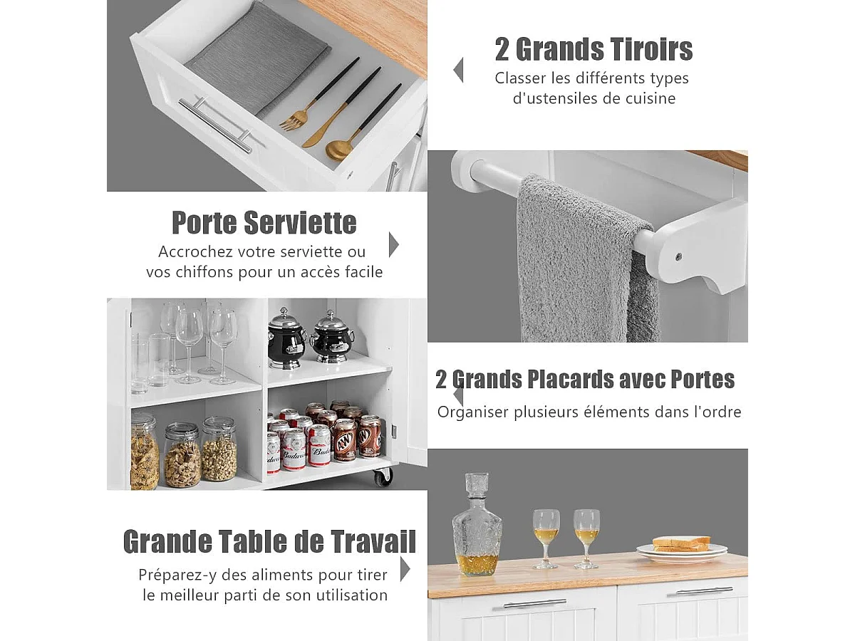 Dessertes îlot central cuisine avec table 4 roues universelles porte-serviettes, 94x41x94cm