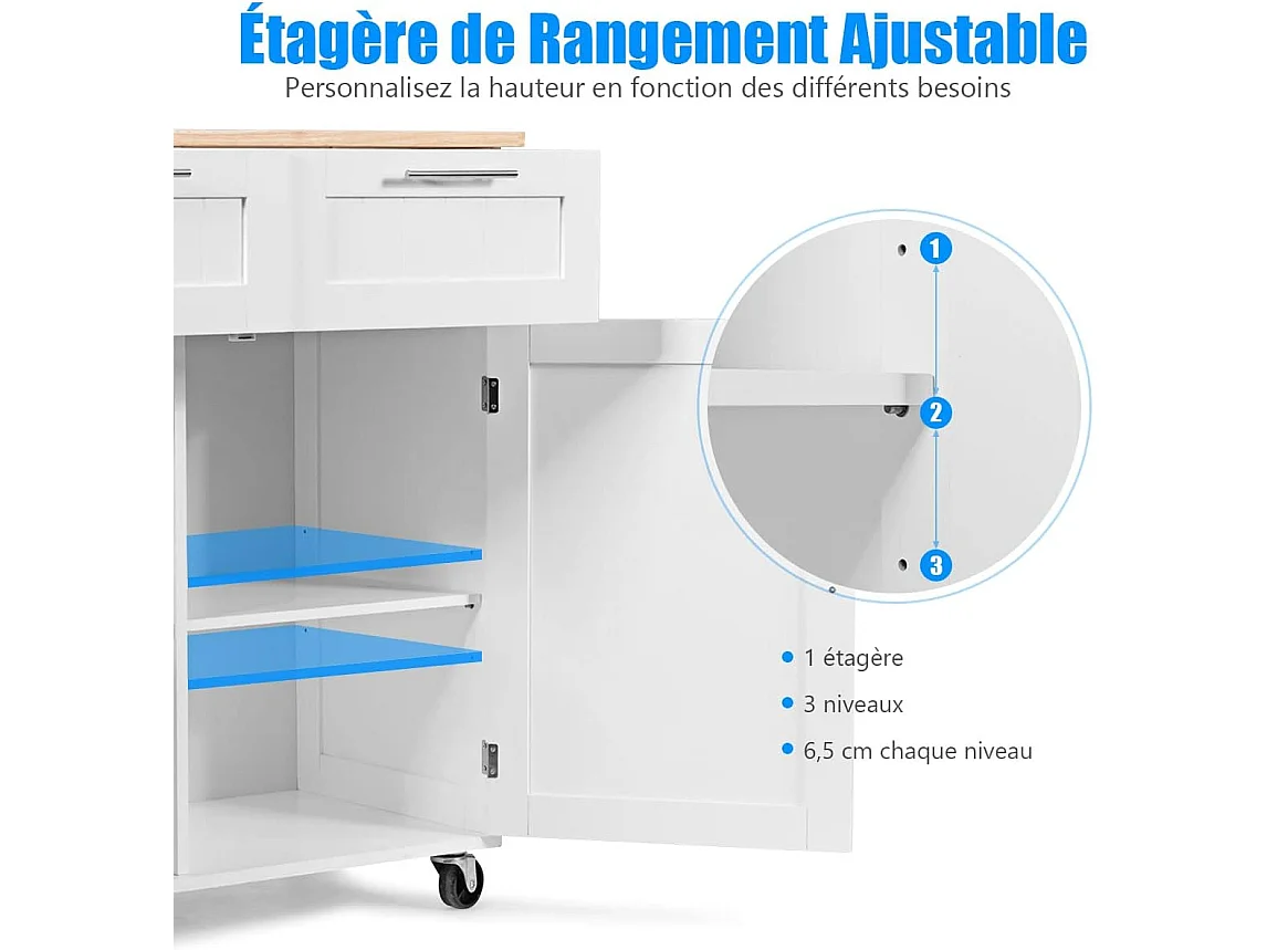 Dessertes îlot central cuisine avec table 4 roues universelles porte-serviettes, 94x41x94cm