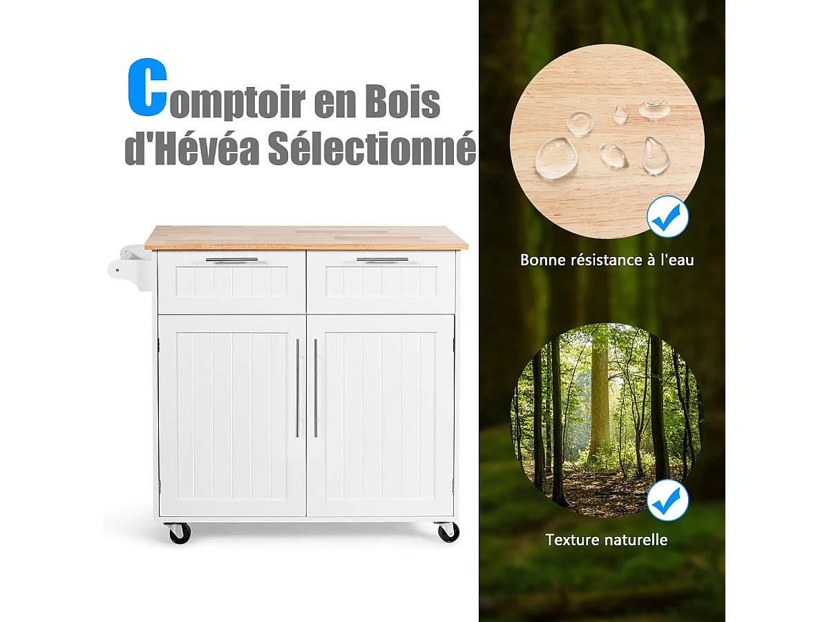 Dessertes îlot central cuisine avec table 4 roues universelles porte-serviettes, 94x41x94cm