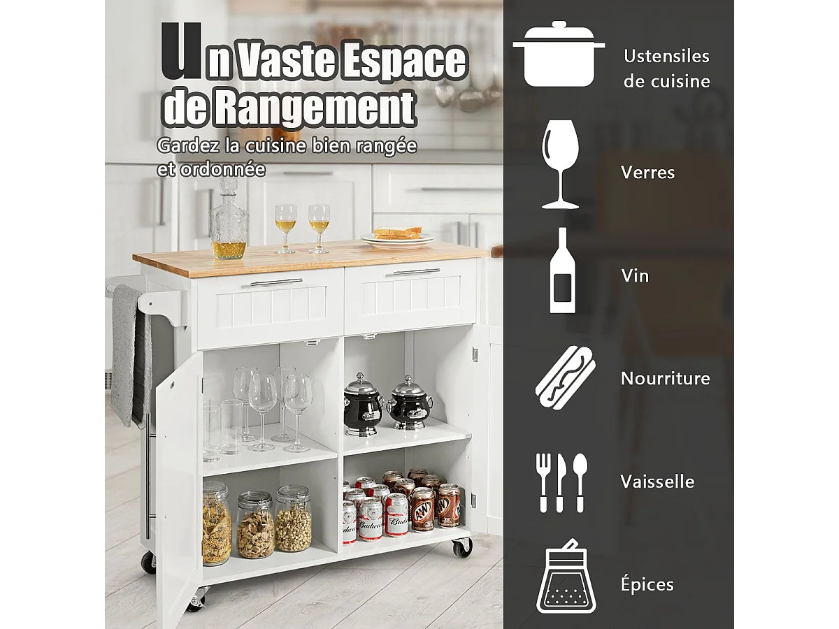 Dessertes îlot central cuisine avec table 4 roues universelles porte-serviettes, 94x41x94cm