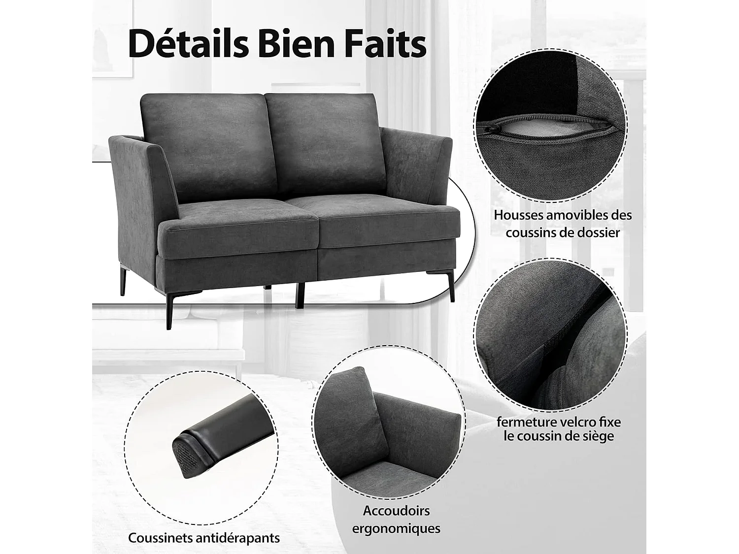 Canapé 2 Places Contemporain avec 2 Coussins Amovibles, Assise Large Profonde pour Salon, Appartement, Bureau, 141x80x72cm-Gris