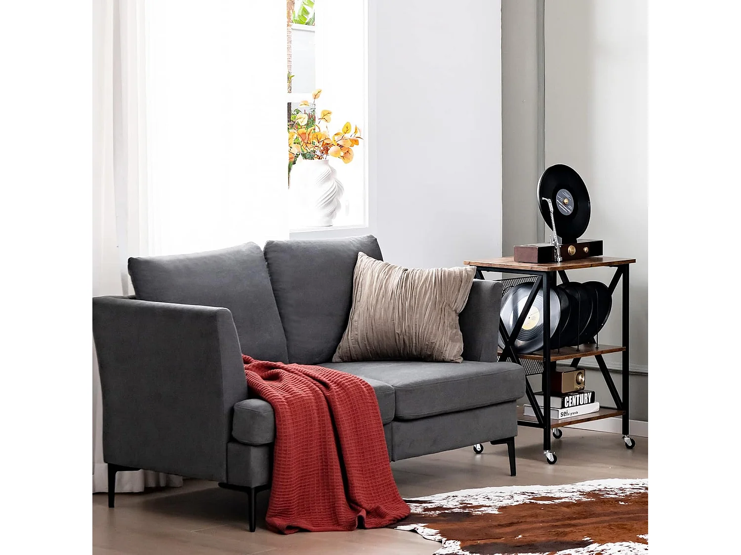 Canapé 2 Places Contemporain avec 2 Coussins Amovibles, Assise Large Profonde pour Salon, Appartement, Bureau, 141x80x72cm-Gris