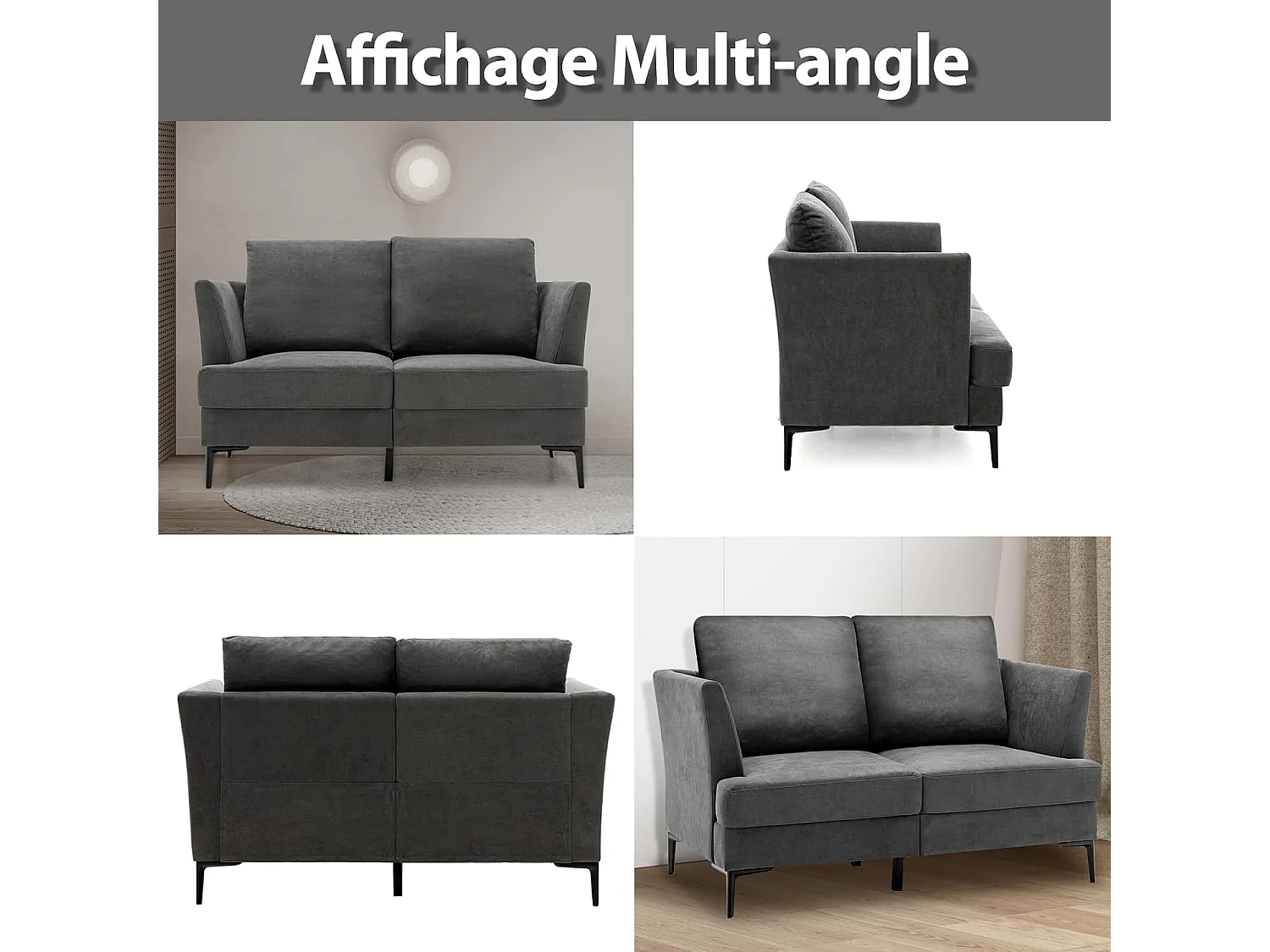 Canapé 2 Places Contemporain avec 2 Coussins Amovibles, Assise Large Profonde pour Salon, Appartement, Bureau, 141x80x72cm-Gris