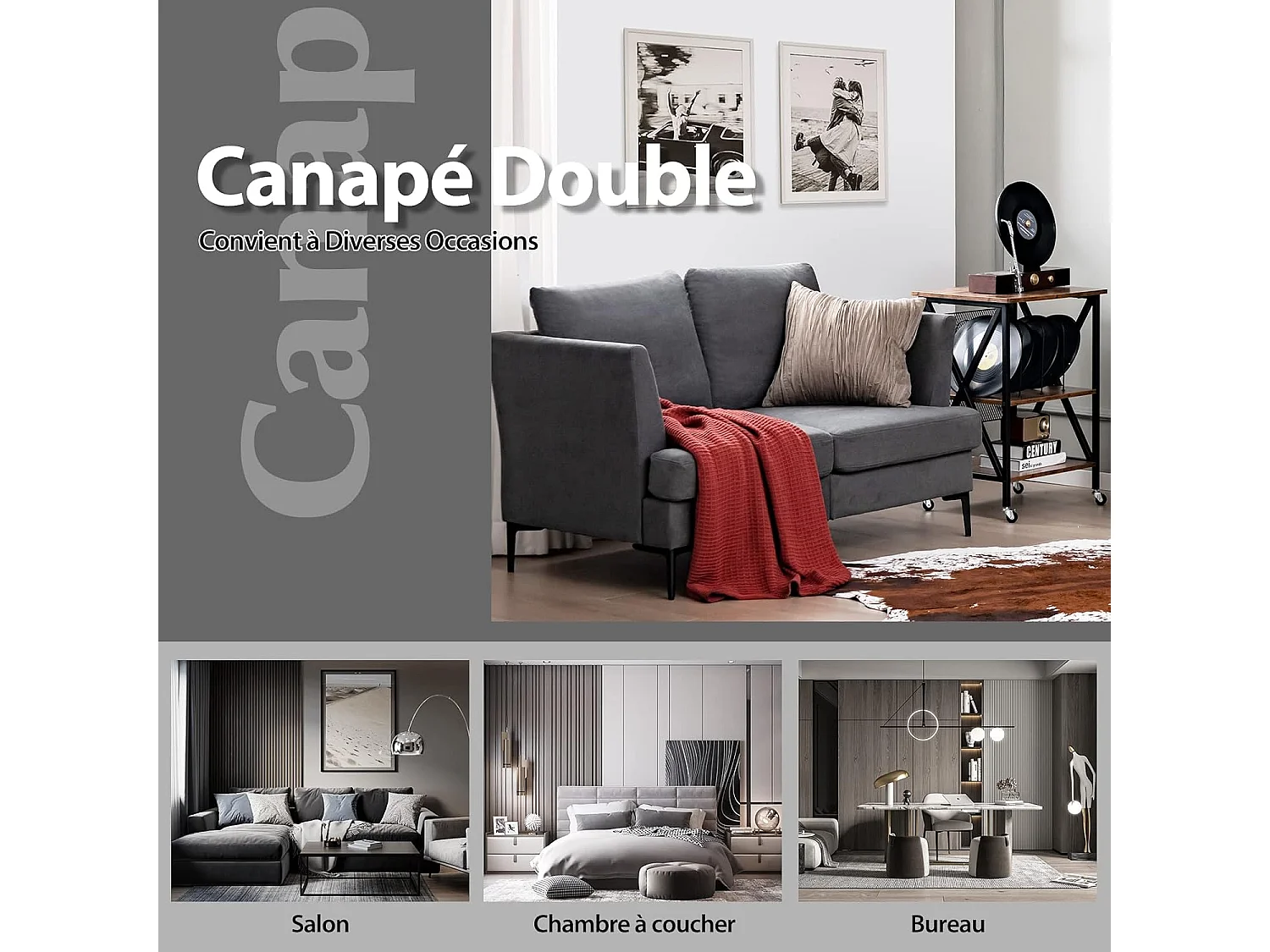 Canapé 2 Places Contemporain avec 2 Coussins Amovibles, Assise Large Profonde pour Salon, Appartement, Bureau, 141x80x72cm-Gris