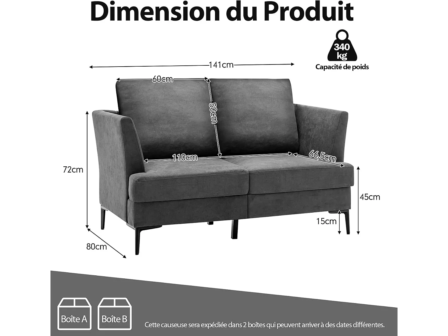Canapé 2 Places Contemporain avec 2 Coussins Amovibles, Assise Large Profonde pour Salon, Appartement, Bureau, 141x80x72cm-Gris