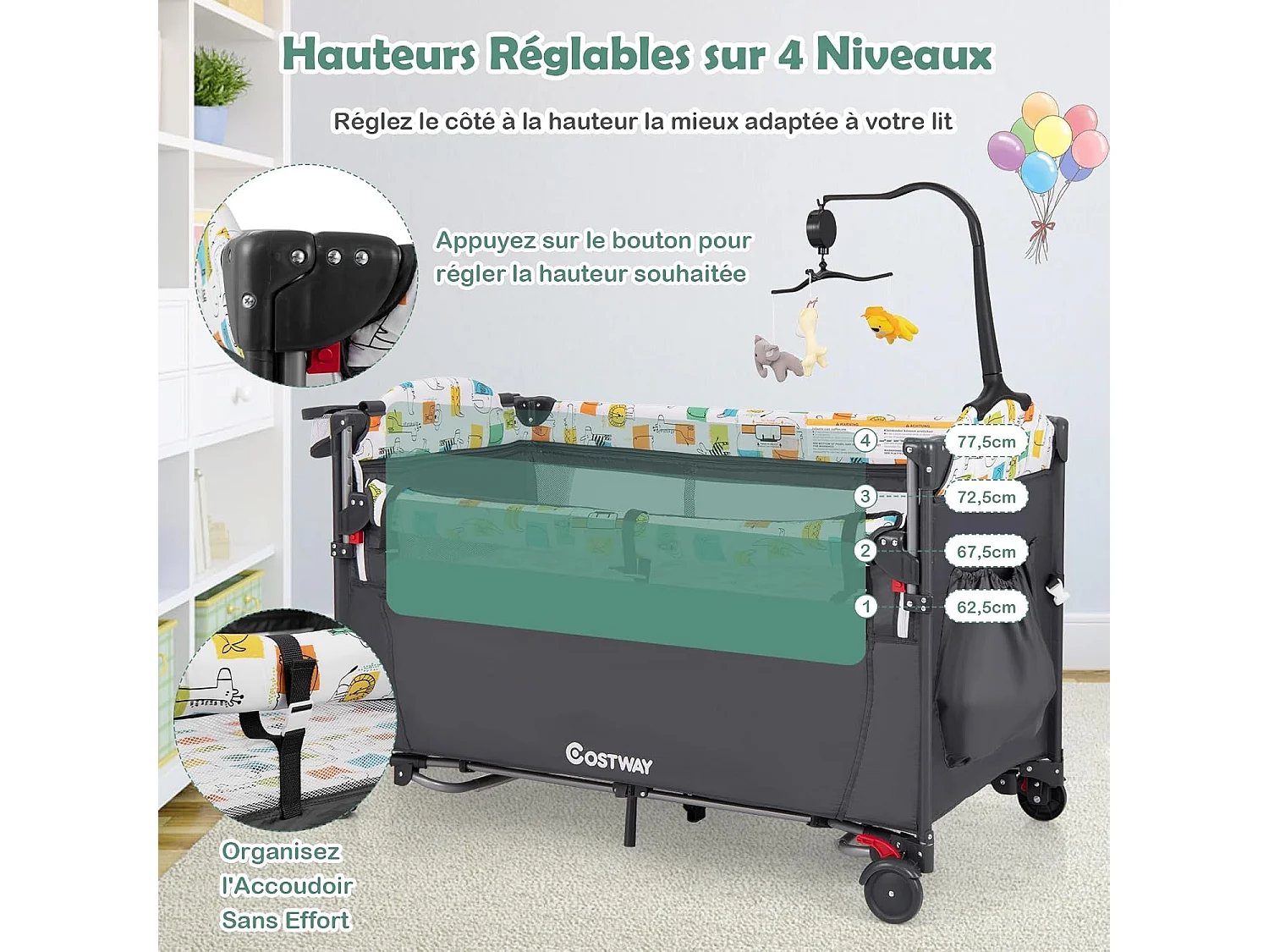 Lit parapluie bébé pliant 5 en 1 ,4 hauteurs d'accoudoir réglables