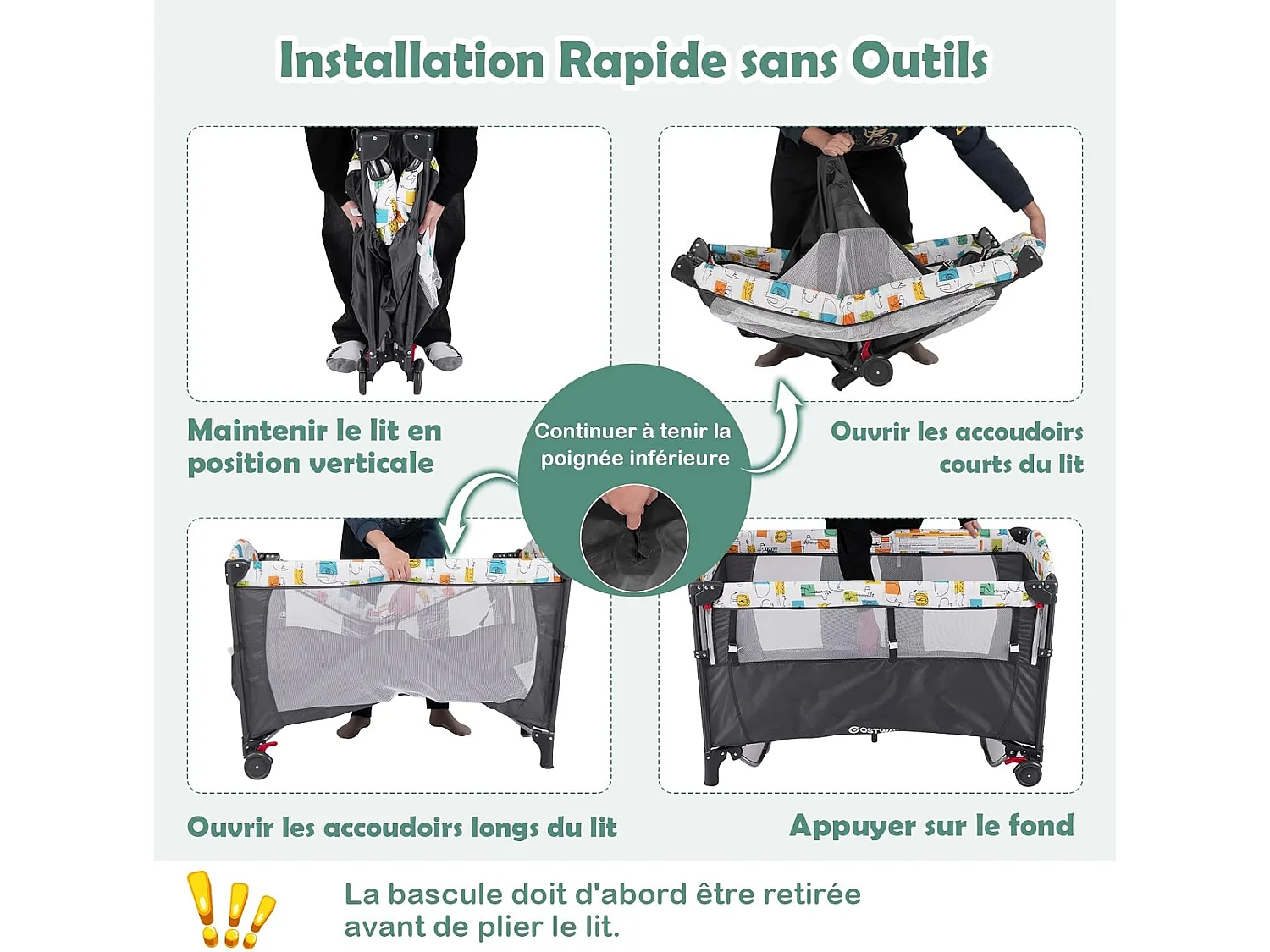 Lit parapluie bébé pliant 5 en 1 ,4 hauteurs d'accoudoir réglables