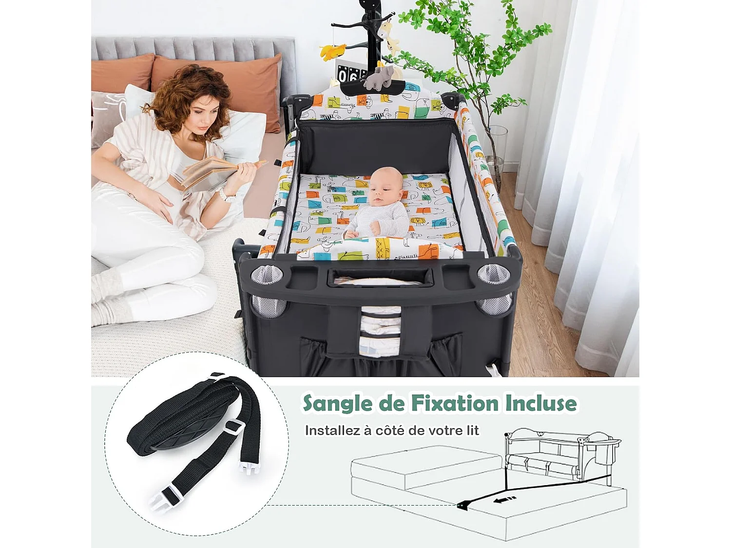 Lit parapluie bébé pliant 5 en 1 ,4 hauteurs d'accoudoir réglables