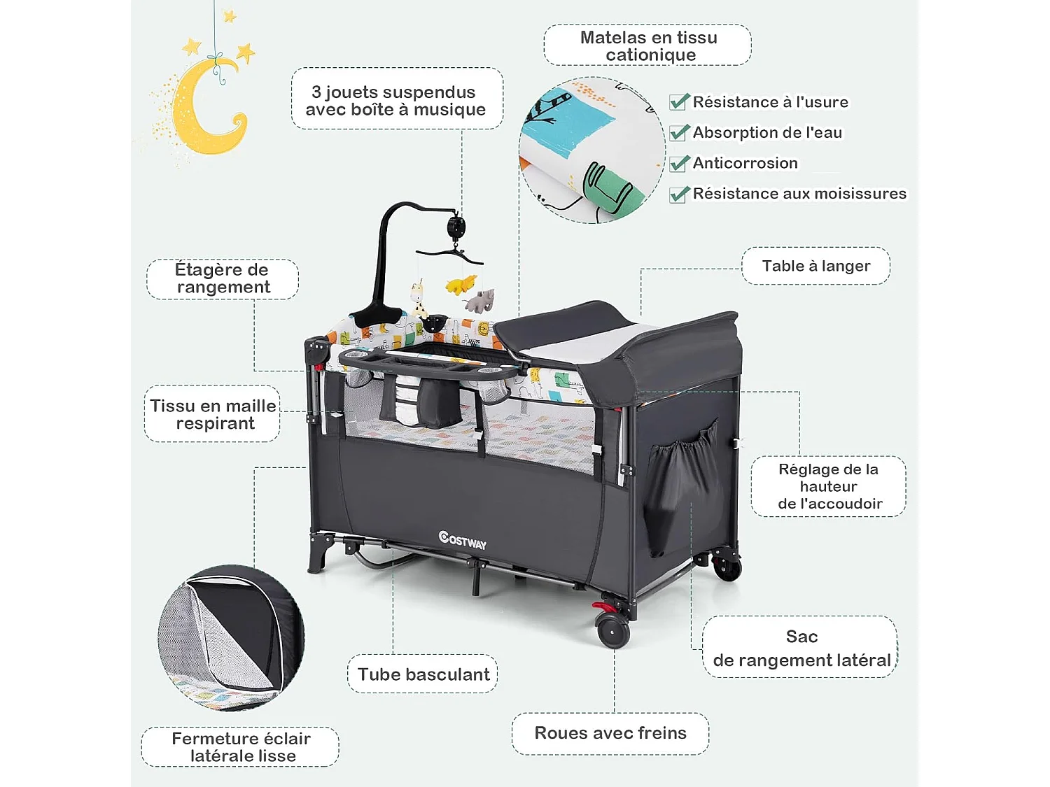 Lit parapluie bébé pliant 5 en 1 ,4 hauteurs d'accoudoir réglables
