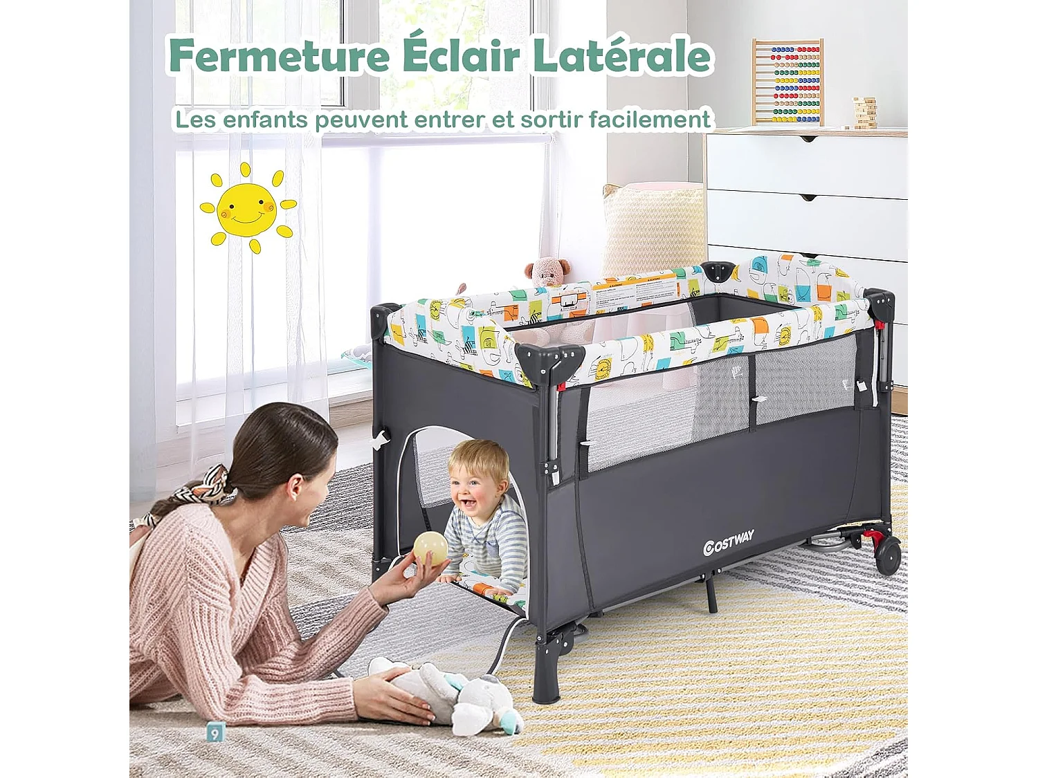 Lit parapluie bébé pliant 5 en 1 ,4 hauteurs d'accoudoir réglables