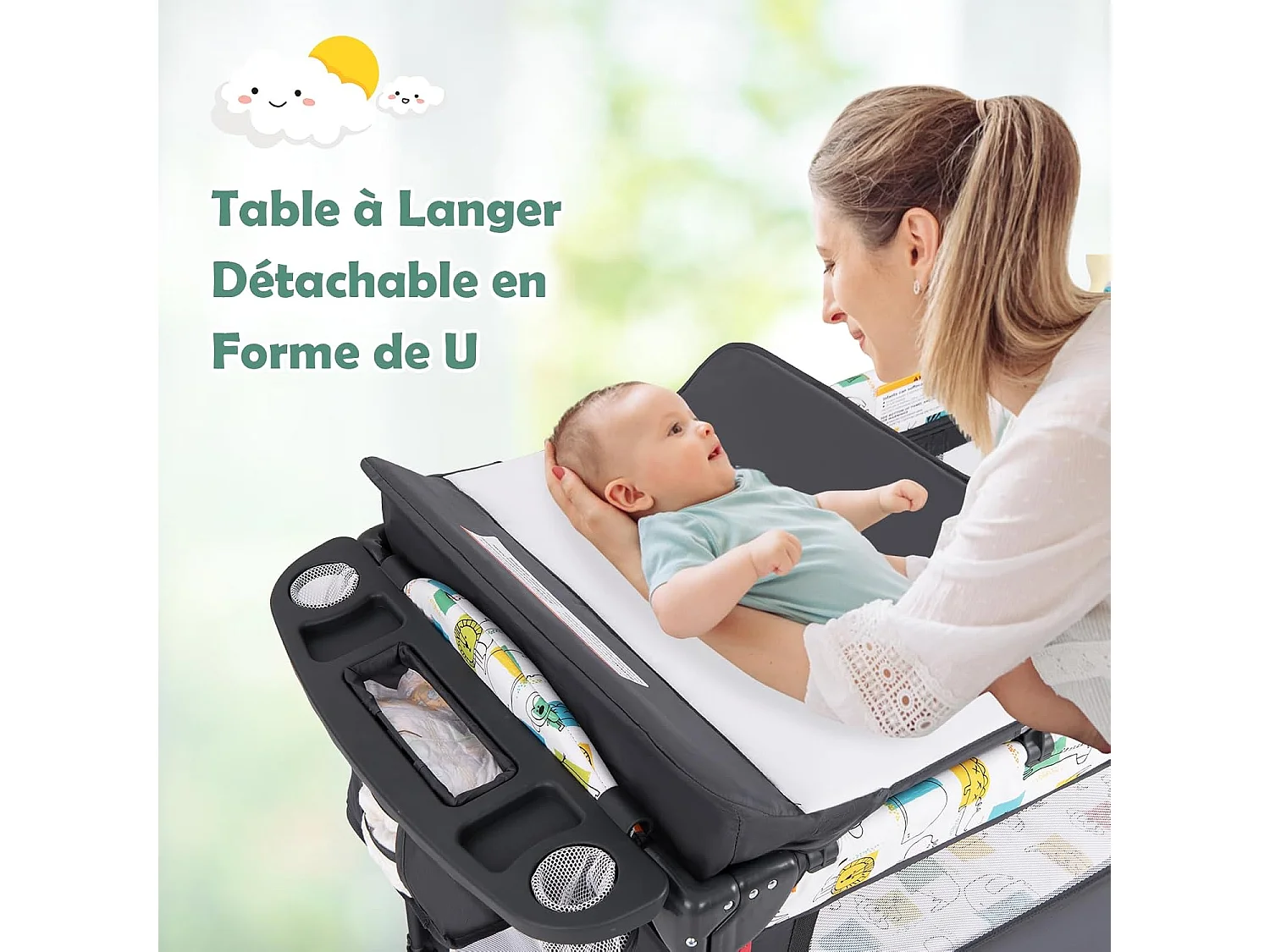 Lit parapluie bébé pliant 5 en 1 ,4 hauteurs d'accoudoir réglables