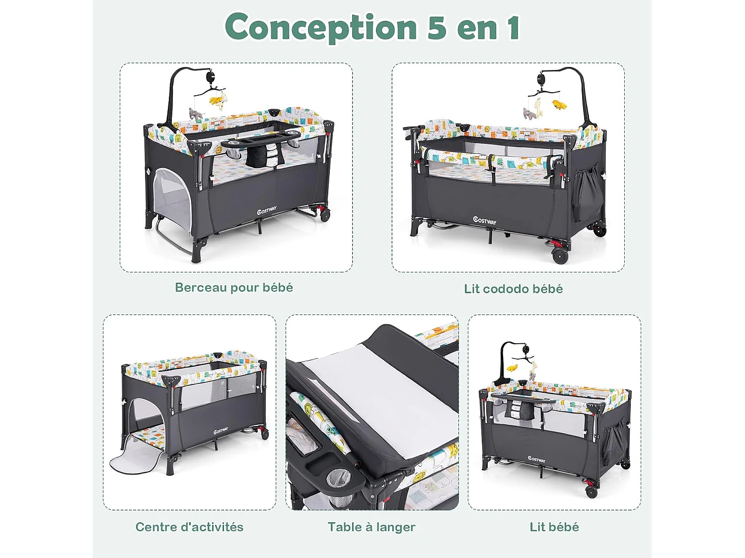 Lit parapluie bébé pliant 5 en 1 ,4 hauteurs d'accoudoir réglables