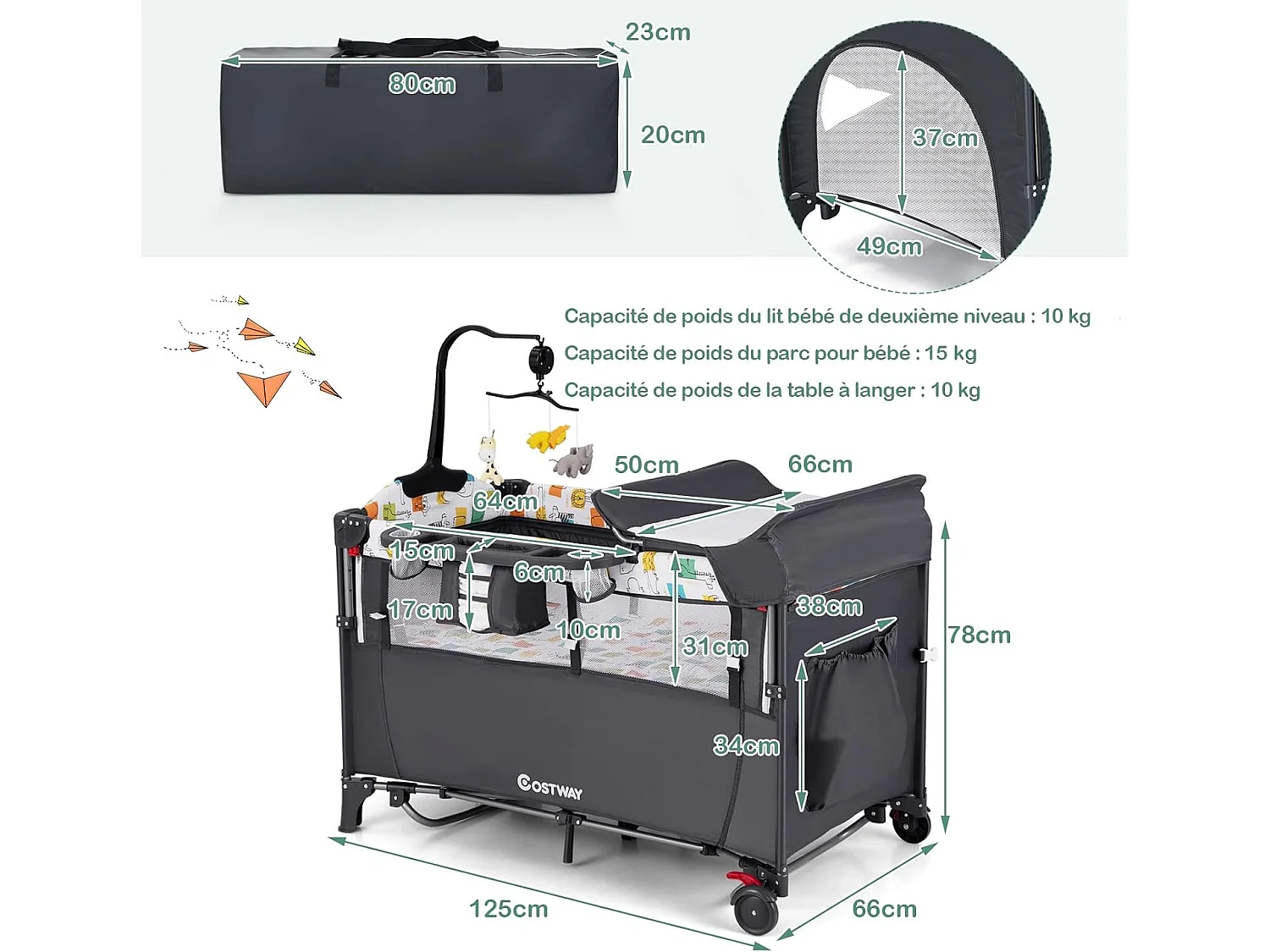Lit parapluie bébé pliant 5 en 1 ,4 hauteurs d'accoudoir réglables