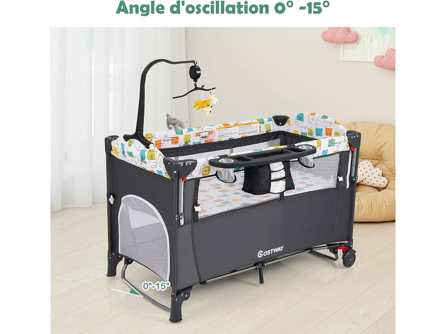 Lit parapluie bébé pliant 5 en 1 ,4 hauteurs d'accoudoir réglables