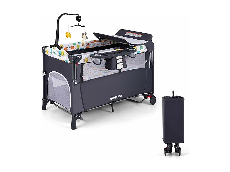 5 in 1 opvouwbare babyreiswieg met matras, babybox met verschoontafel, muziekdoos, hangende speeltjes, 4 verstelbare armleuninghoogtes, draagtas, zwart