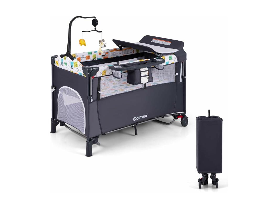 Lit Parapluie Bébé Pliant 5 en 1 avec Matelas,Berceau Parc Bébé avec Table à Langer,Boîte à Musique,Jouets Suspendus,4 Hauteurs d'Accoudoir Réglables,Sac de Transport,Noir