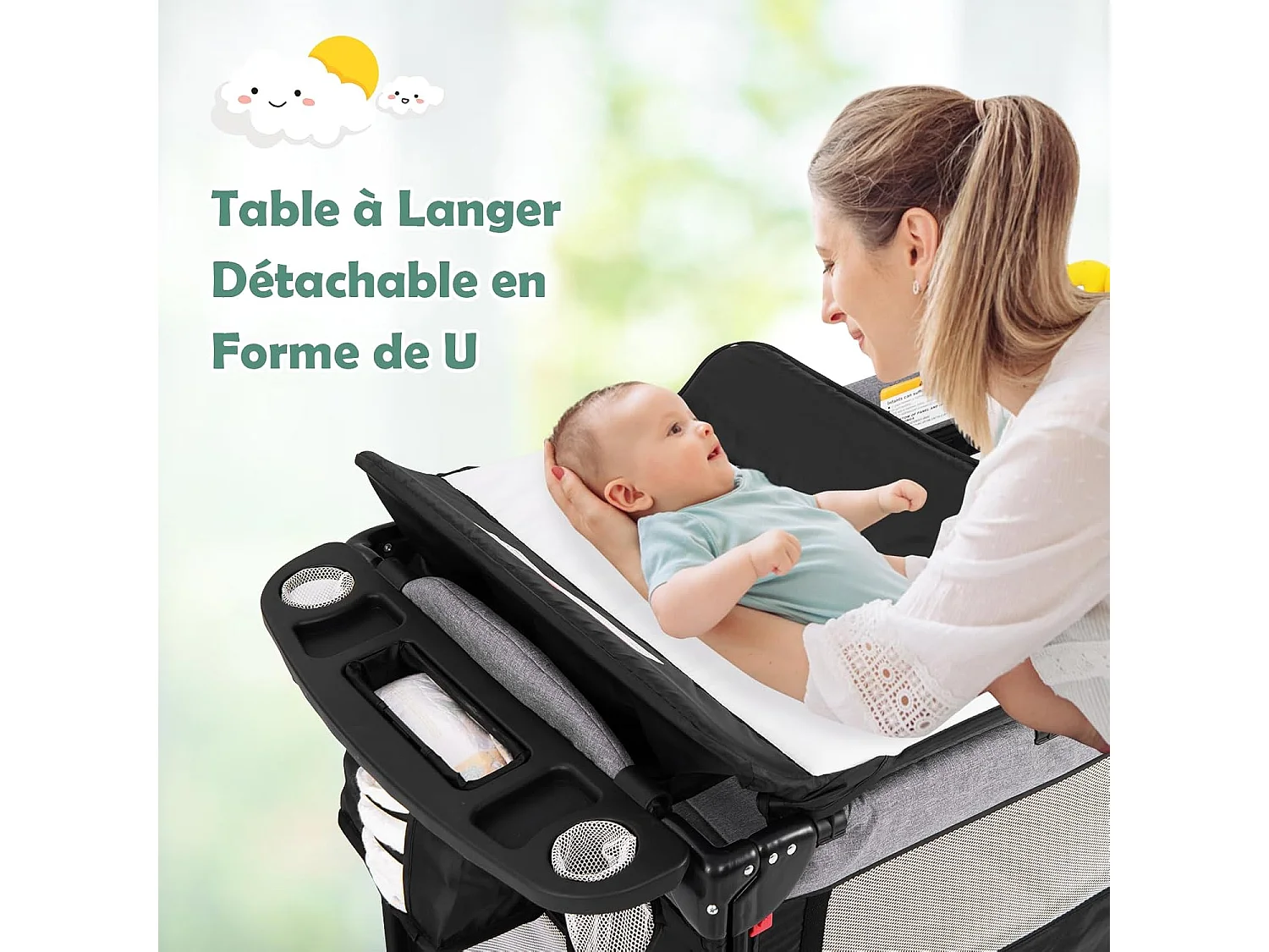 Lit parapluie bébé pliant 5 en 1 avec matelas,4 hauteurs d'accoudoir réglables