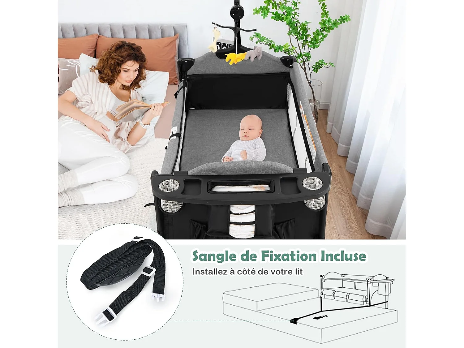 Lit parapluie bébé pliant 5 en 1 avec matelas,4 hauteurs d'accoudoir réglables