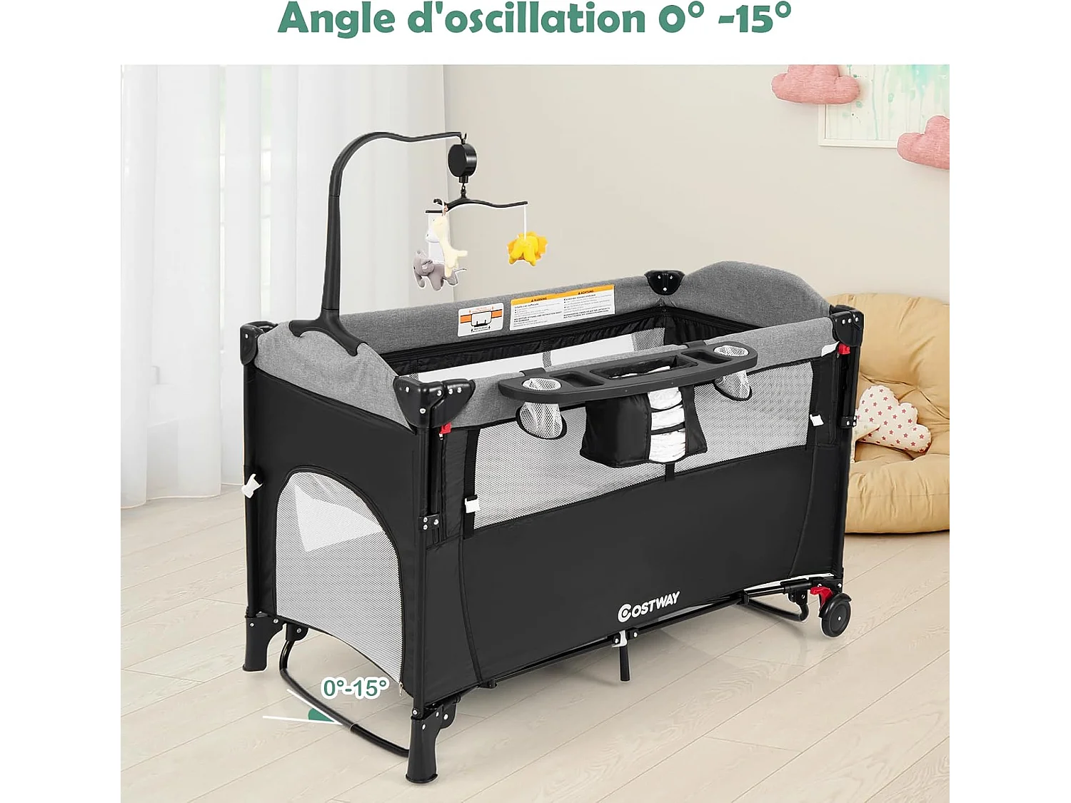 Lit parapluie bébé pliant 5 en 1 avec matelas,4 hauteurs d'accoudoir réglables