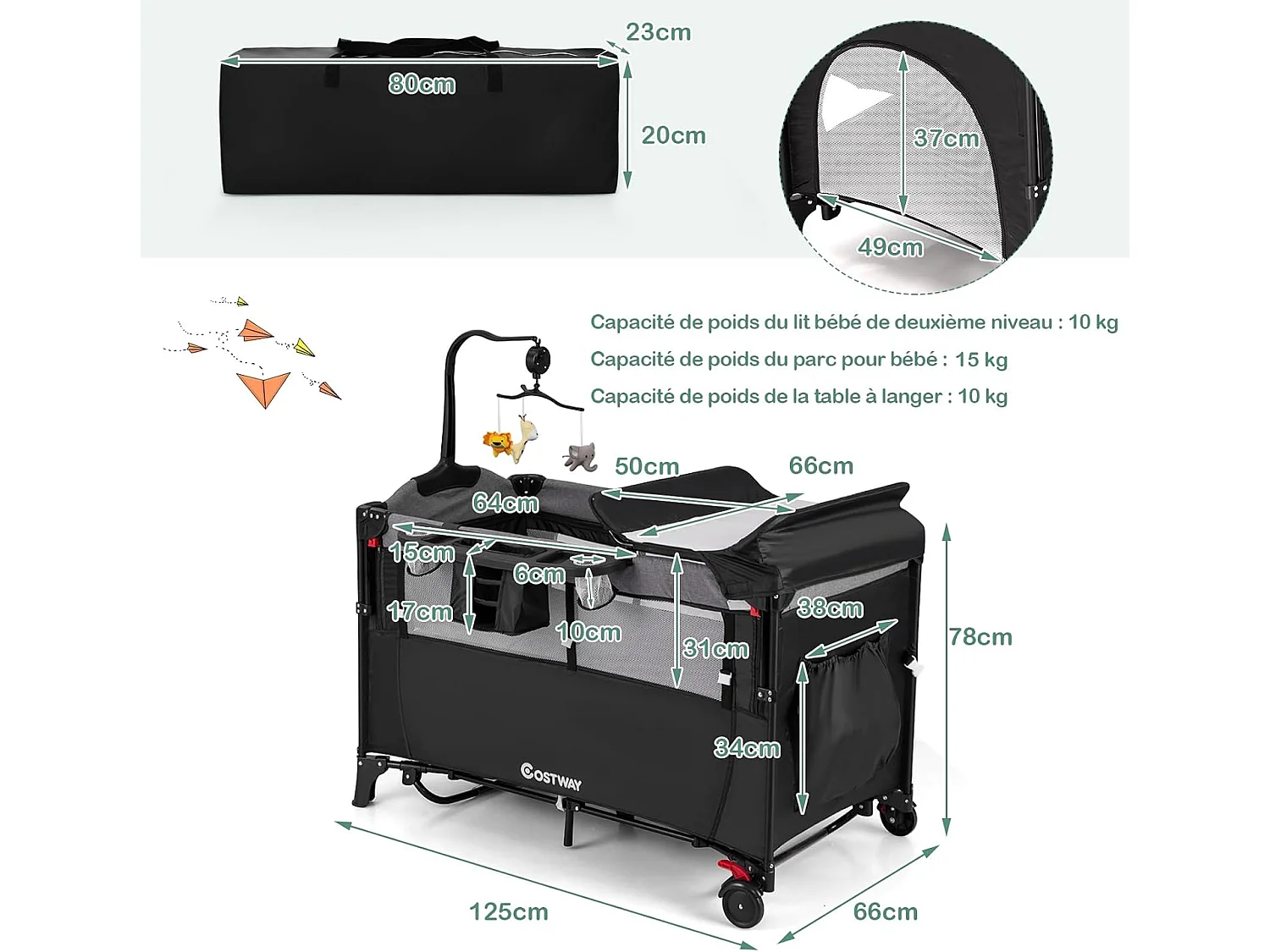 Lit parapluie bébé pliant 5 en 1 avec matelas,4 hauteurs d'accoudoir réglables